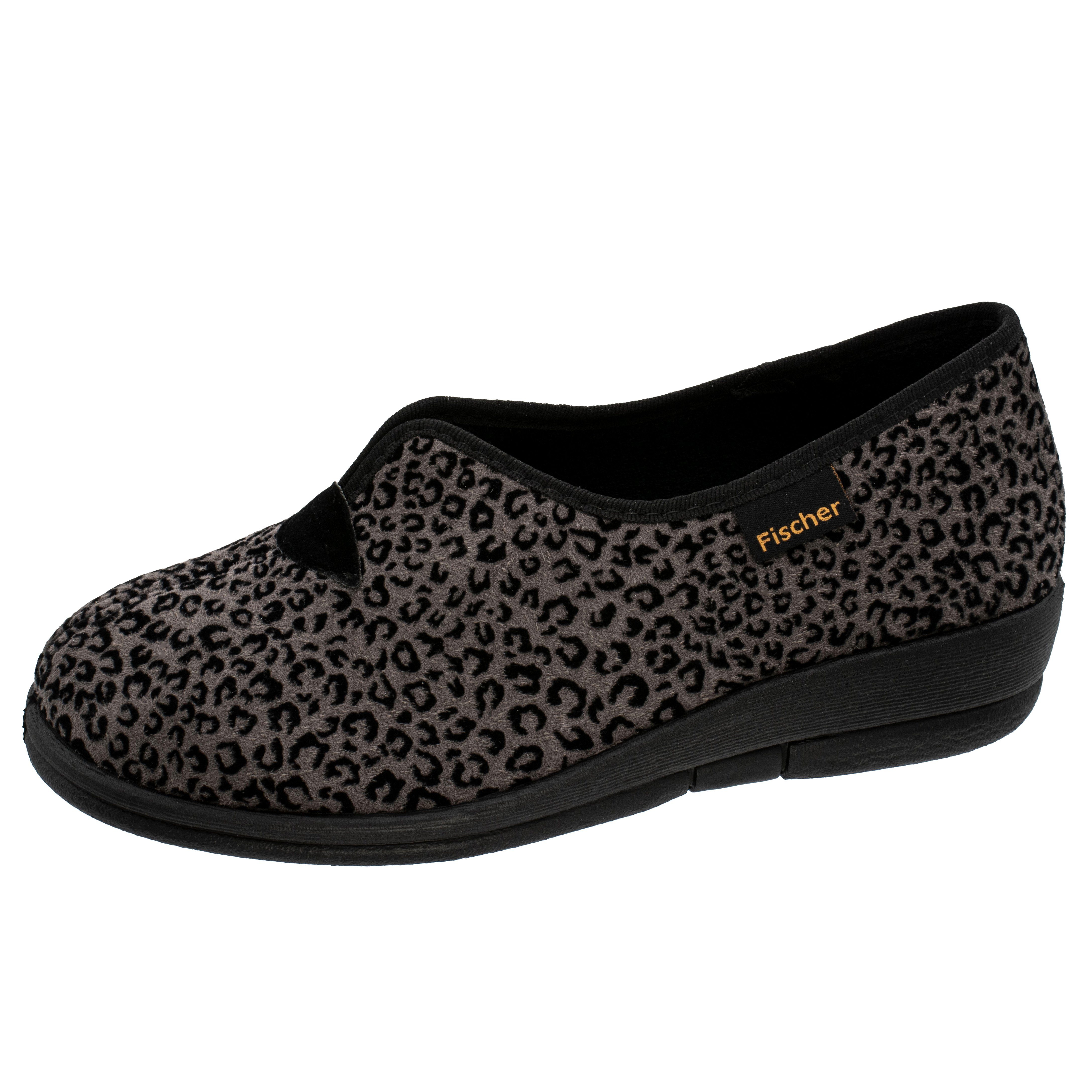 Fischer-Markenschuh Dora Hausschuh Leoprint, Weite H, Frotteefutter, Zum Schlupfen grauschwarz