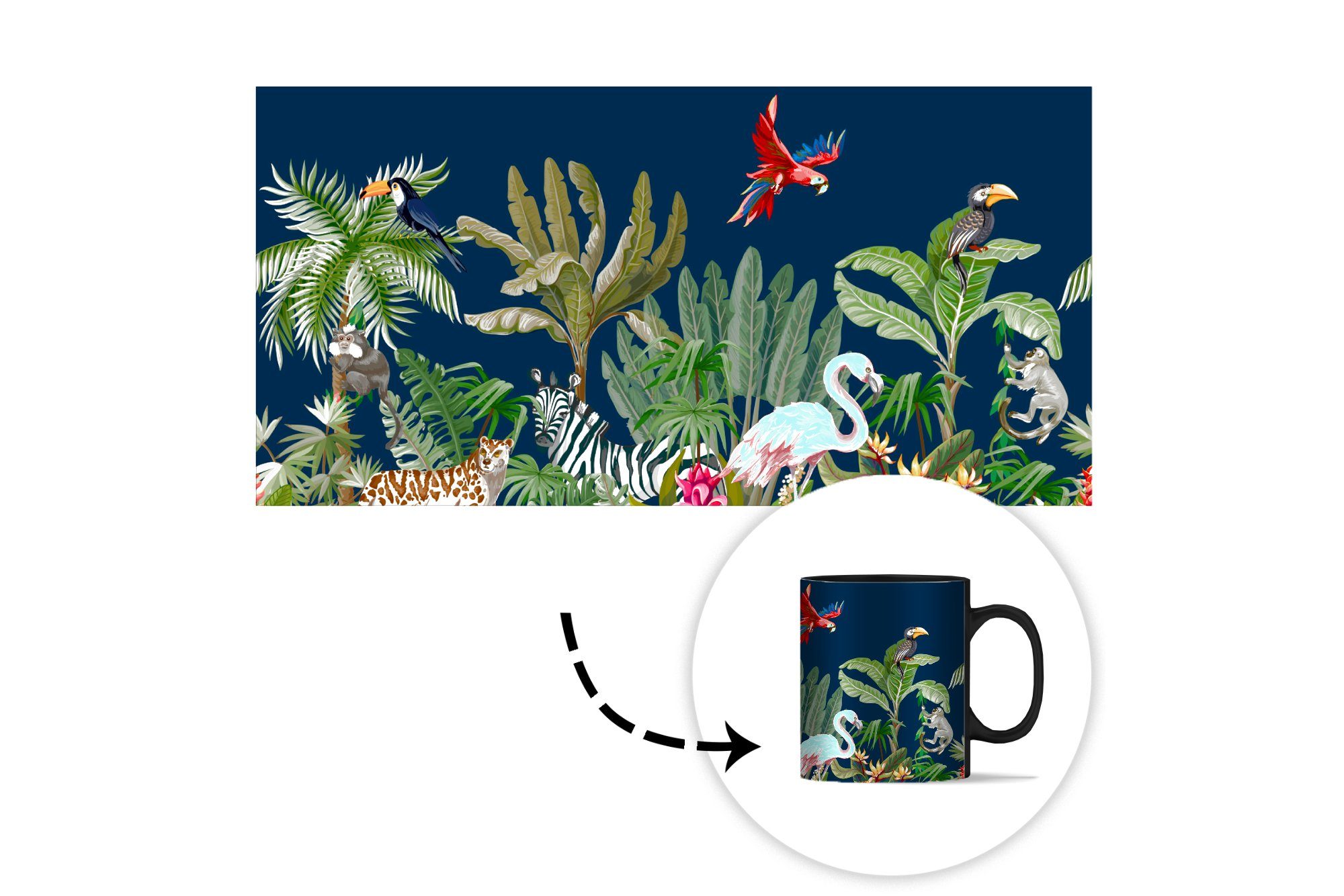 MuchoWow Tasse Dschungel Tiere Geschenk - Teetasse, Zaubertasse, Farbwechsel, Kaffeetassen, Pflanzen - Keramik, Kinder - - - Zebra, Flamingo