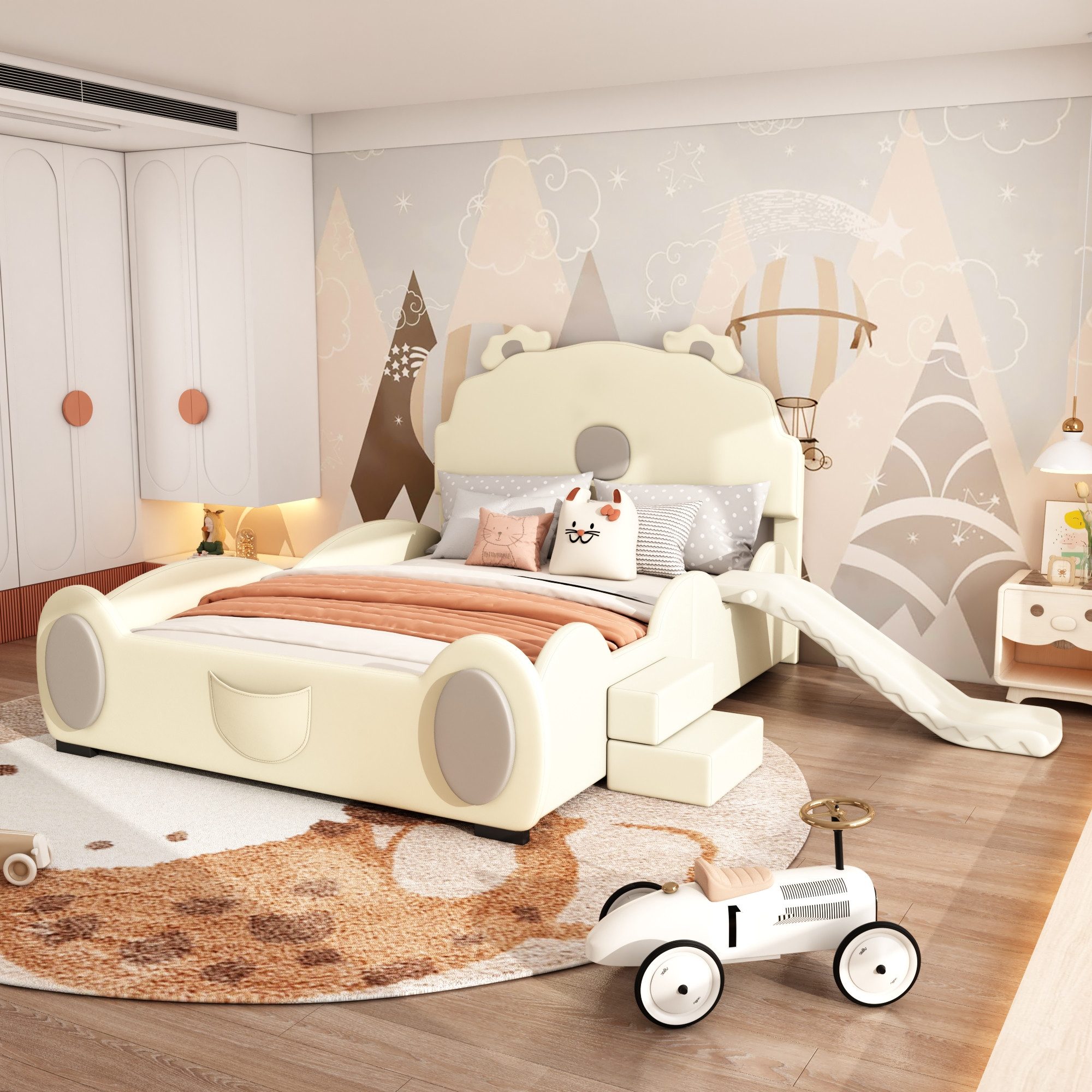 OKWISH Children's Bed Cartoon Bear Bed 140x200 cm with LED & Slide (Cartoon bed in bear design, with sturdy MDF frame and slatted base, Made of sturdy MDF frame, incl. fixed ladder & slatted base), Mattress not included – for magical play and dream nights in the children's room