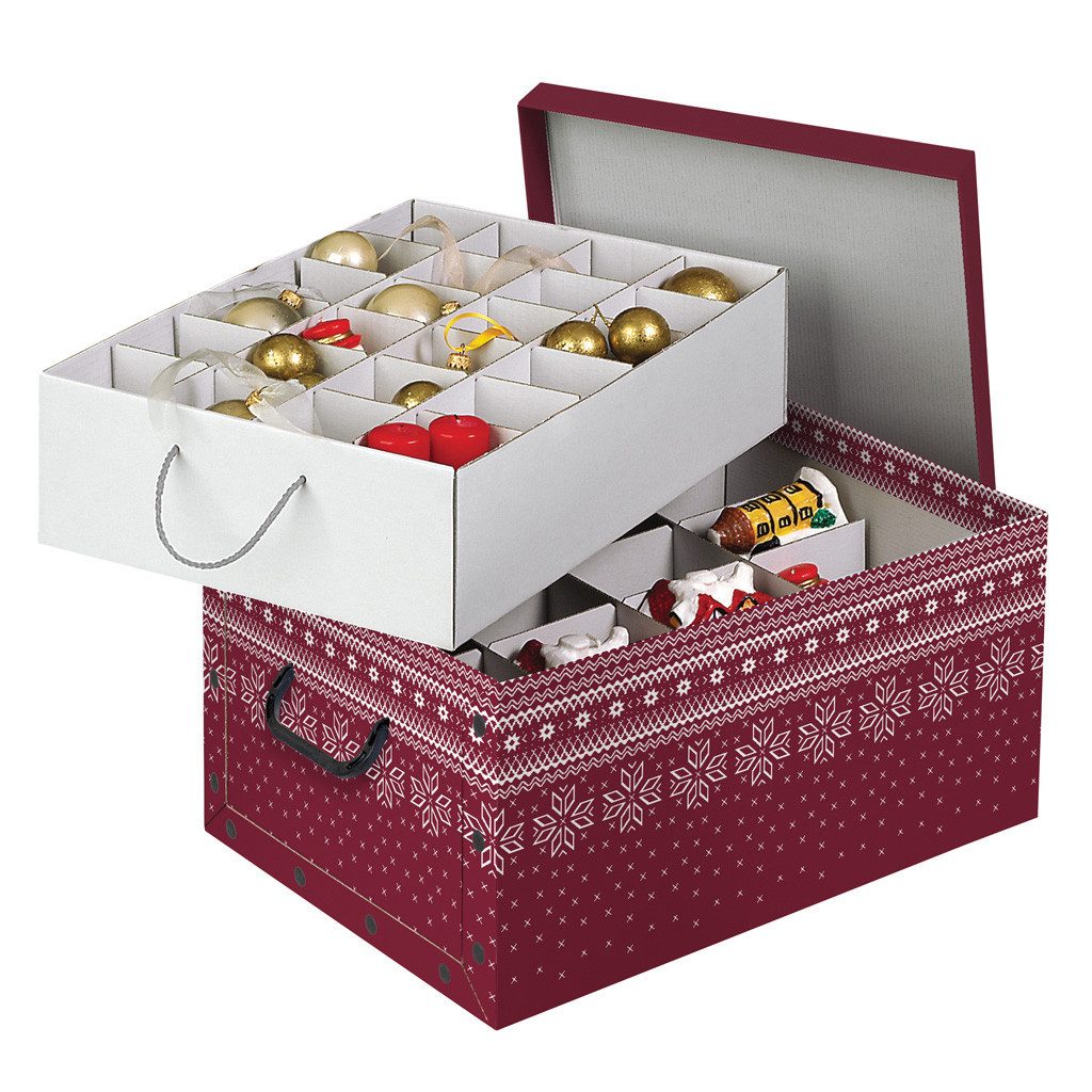KreLeo Dekokiste Set: 3 x Karton für Christbaumkugeln, Dekor: 'Red Snowflake'