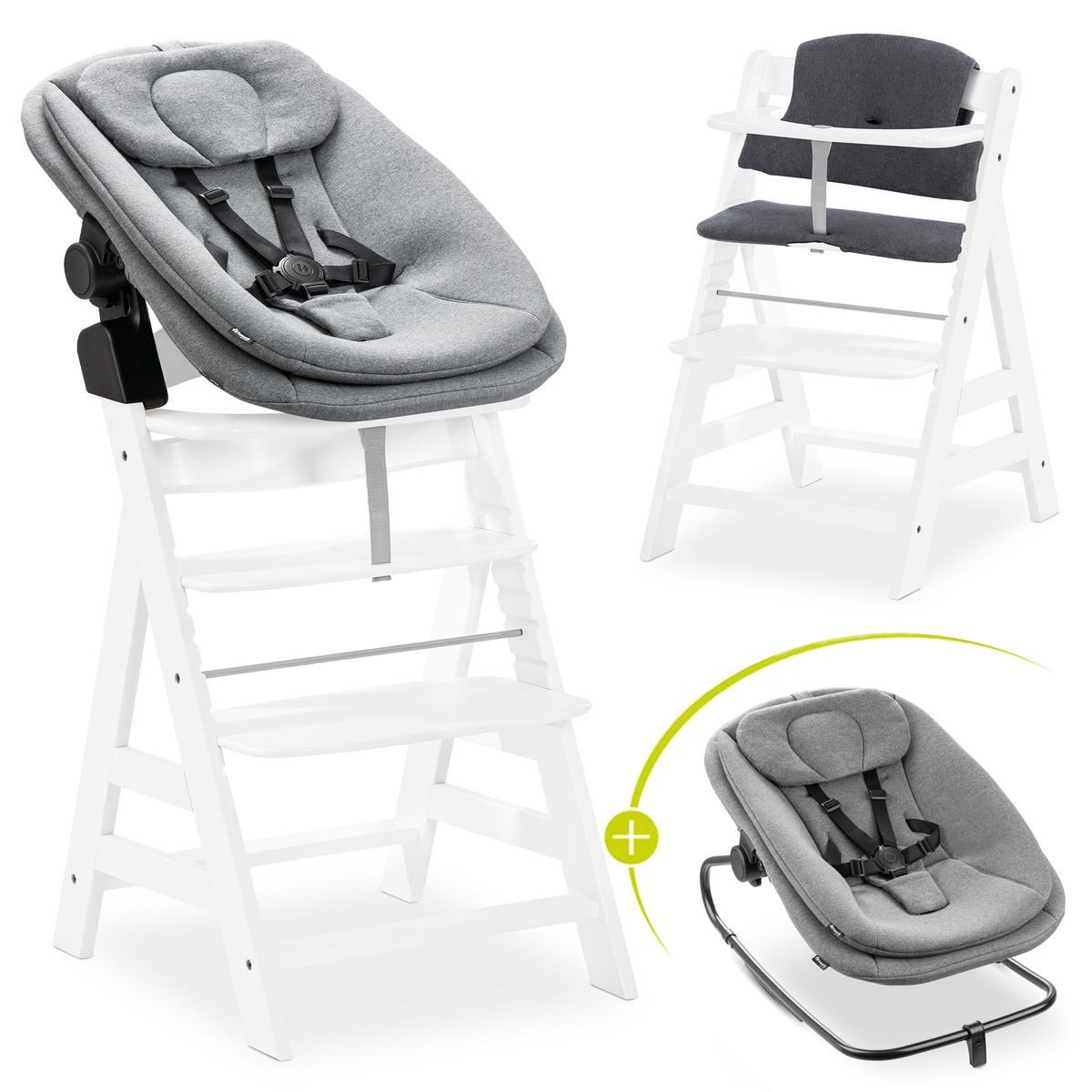 Hauck Hochstuhl Alpha Plus White Newborn Set (Set), Holz Babyhochstuhl ab Geburt inkl. Neugeborenenaufsatz & Sitzauflage