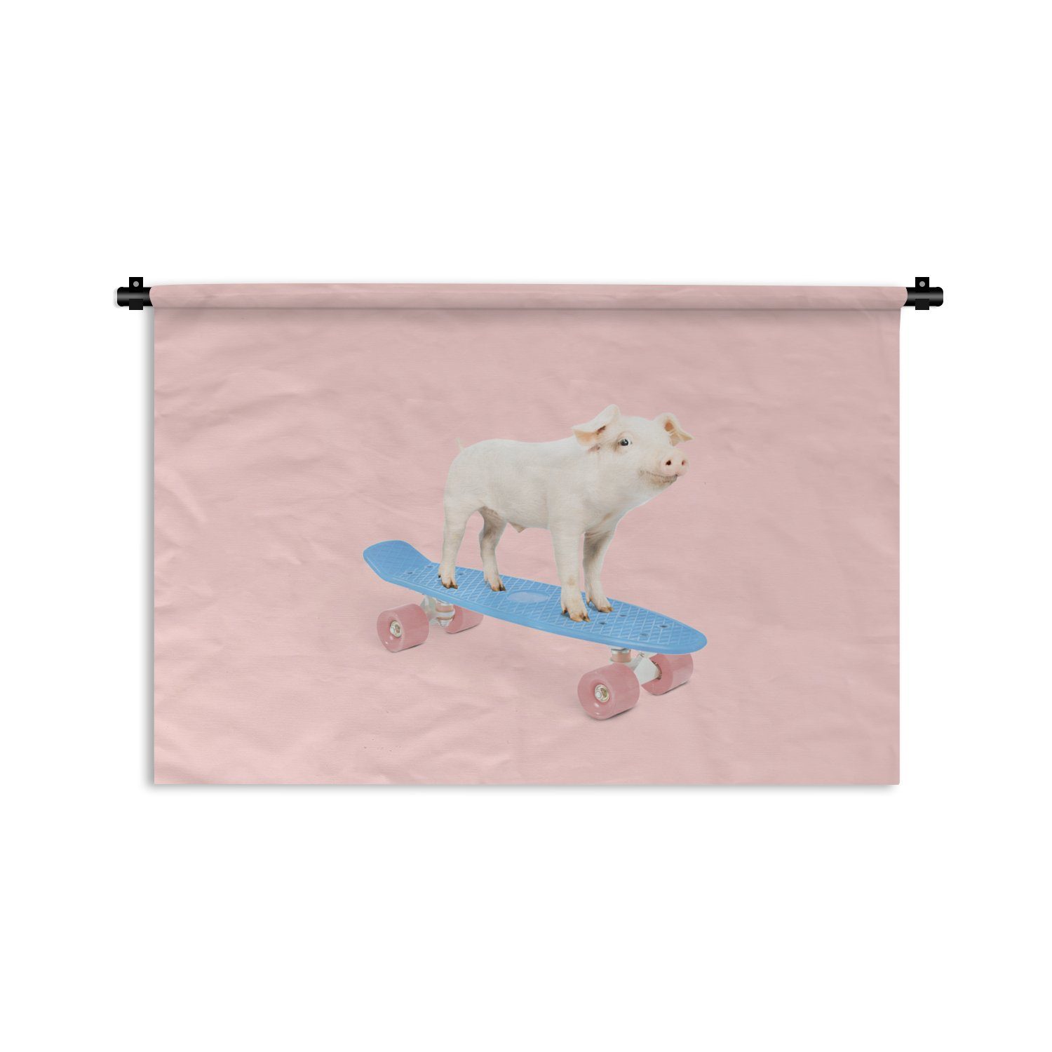 MuchoWow Wanddekoobjekt Schwein - Rosa - Skateboard - Blau - Tiere, Wanddeko für Wohnzimmer, Schlafzimmer, Kleid, Wandbehang, Kinderzimmer