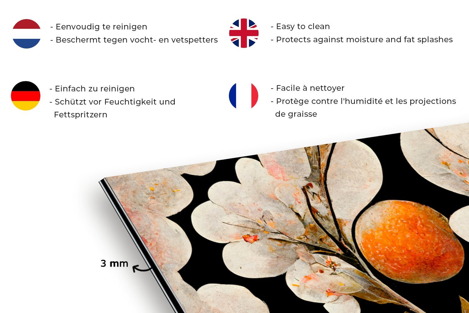 - Blumen Küchen Schmutzflecken für Wandschutz, Orange Küchenrückwand - Natur, und Weiß (1-tlg), 60x30 cm, gegen - MuchoWow Fett