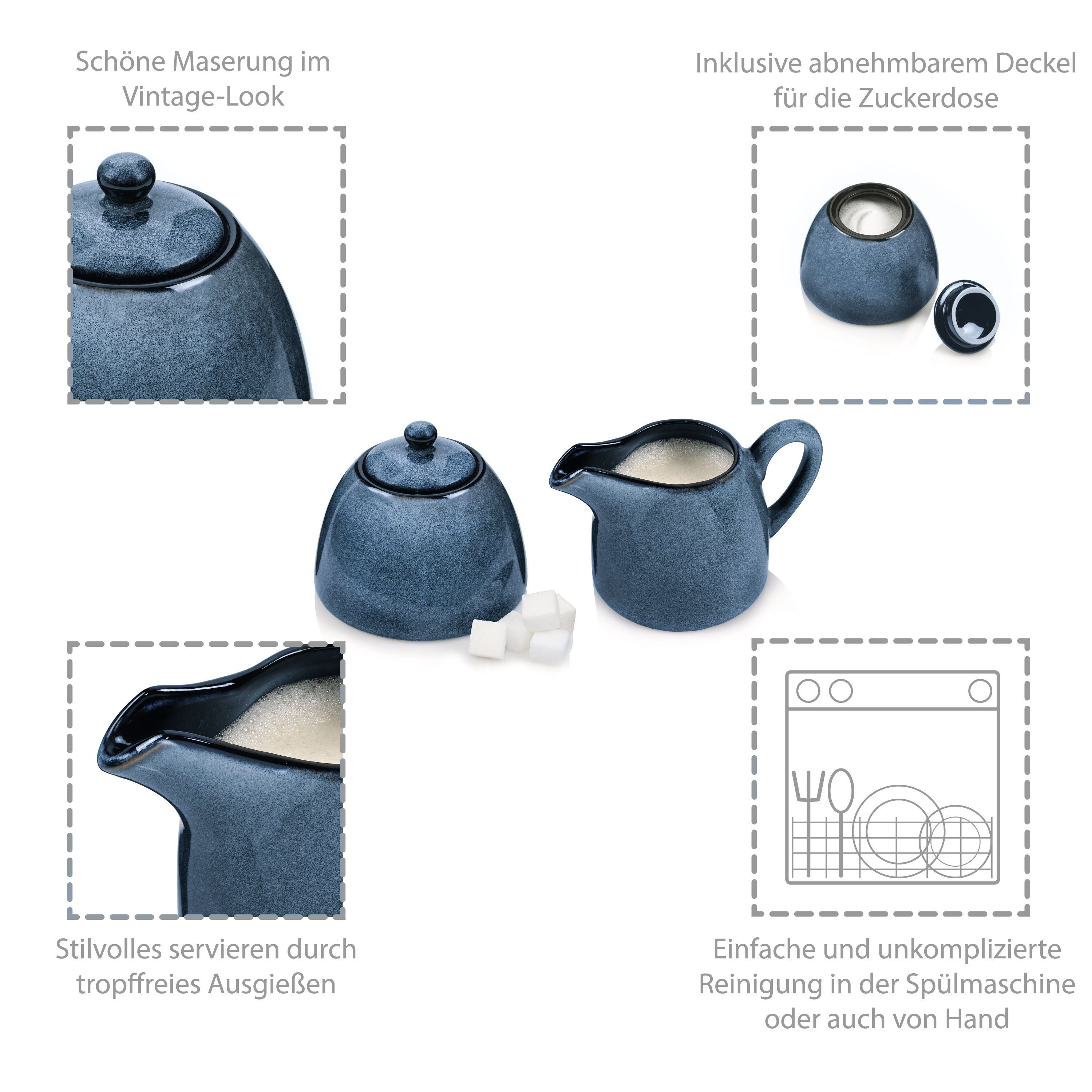 SÄNGER Milch- und Zuckerset Darwin (2-tlg), Steingut, Handmade, Blau, Premium Collection