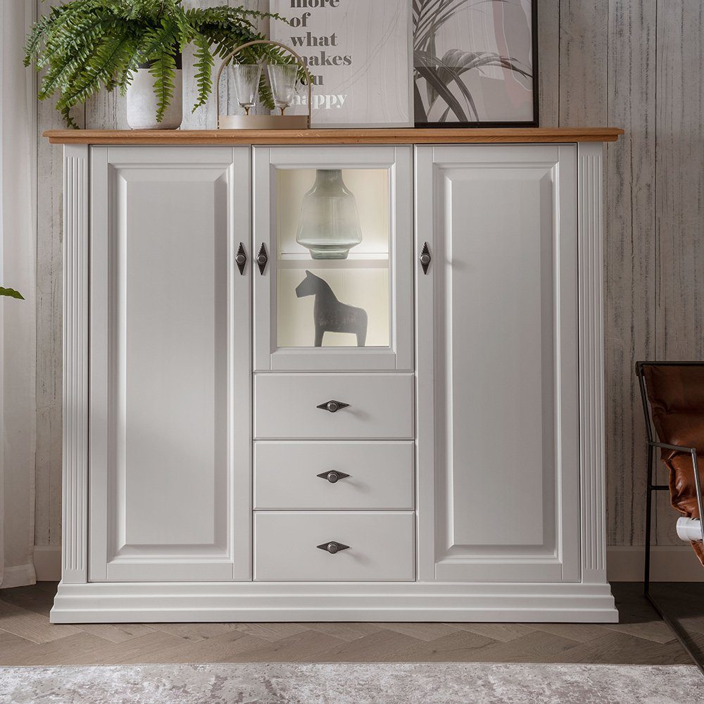 Lomadox Highboard ESBJERG-69, Kiefer weiß lackiert mit Eiche geölt, Landhausstil