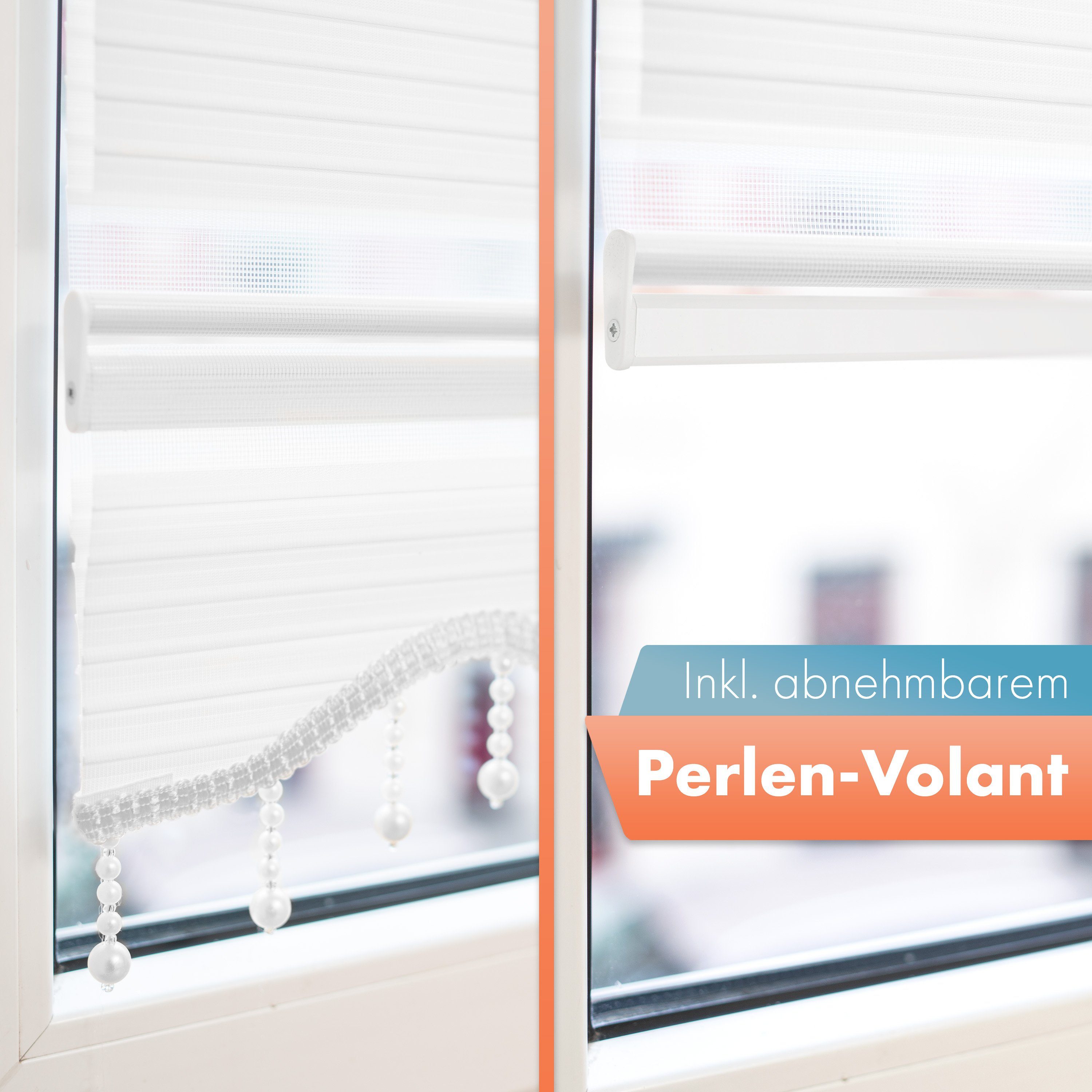 Doppelrollo Klemmfix, Fenstergardinen mit Perlen, Alpinaweiß, Bailena, Lichtschutz, ohne Bohren, freihängend, Klemmfix, Duo Rollos mit Volant Bordüre, Seitenzugrollo