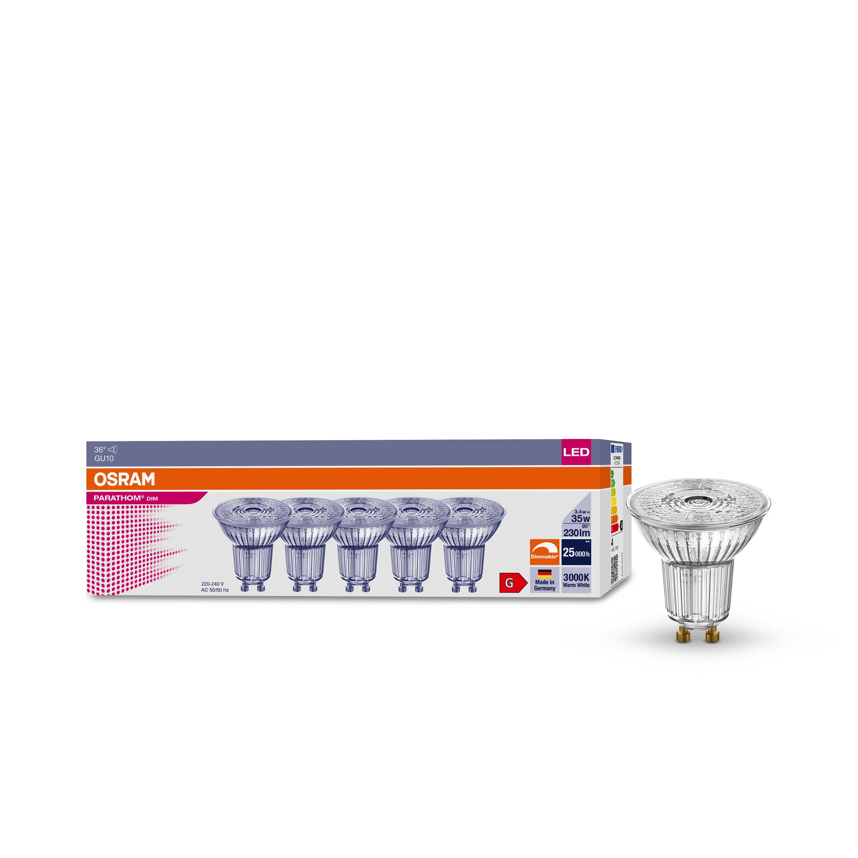 Osram LED-Leuchtmittel 5er OSRAM LED GU10 3,4W = 35W Reflektor 230lm 36° Warmweiß 3000K DIM, GU10, Warmweiß