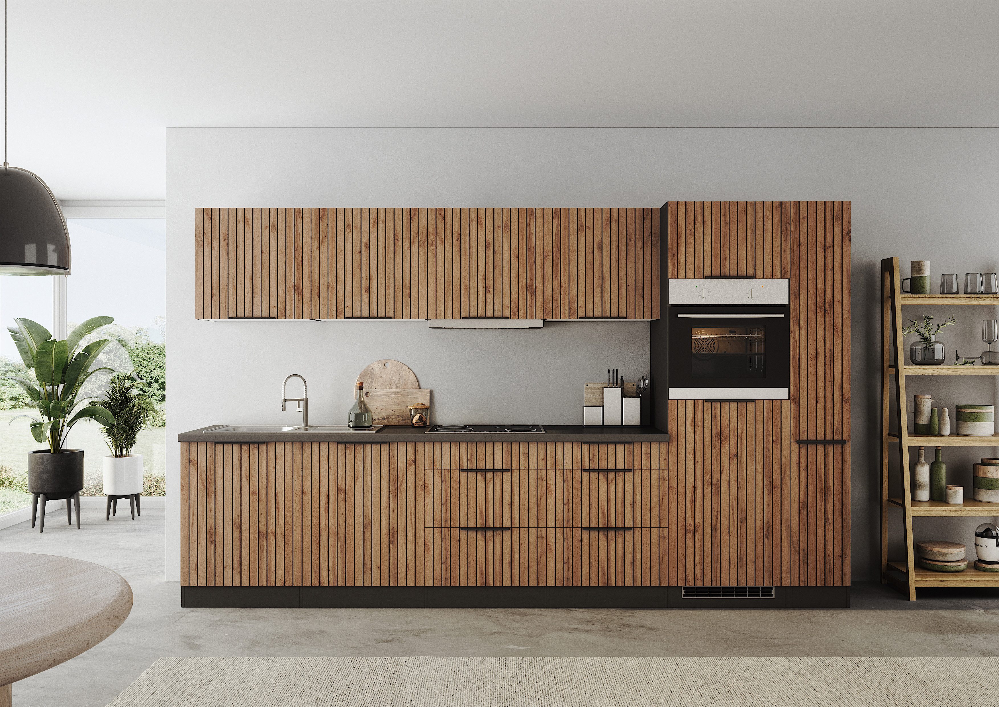 KOCHSTATION Küchenzeile KS-Lagos, wahlweise mit E-Geräten, Spüle edelstahl oder schwarz, Breite 330cm, GK-oder Induktionskochfeld,mit oder ohne Kühlschrank