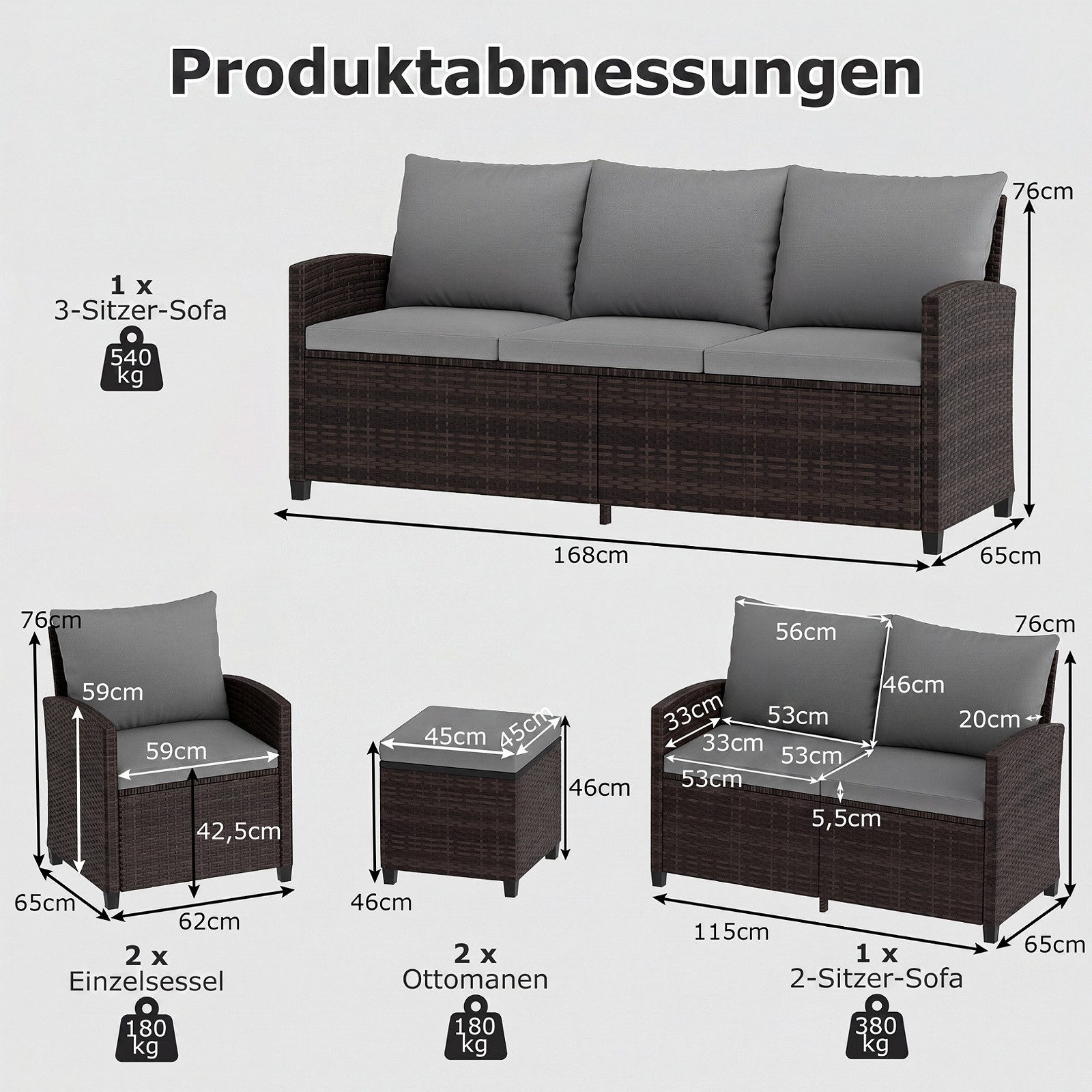COSTWAY Gartenlounge-Set, (6-tlg), Rattan-Gartenmöbel für 7 Personen mit Kissen