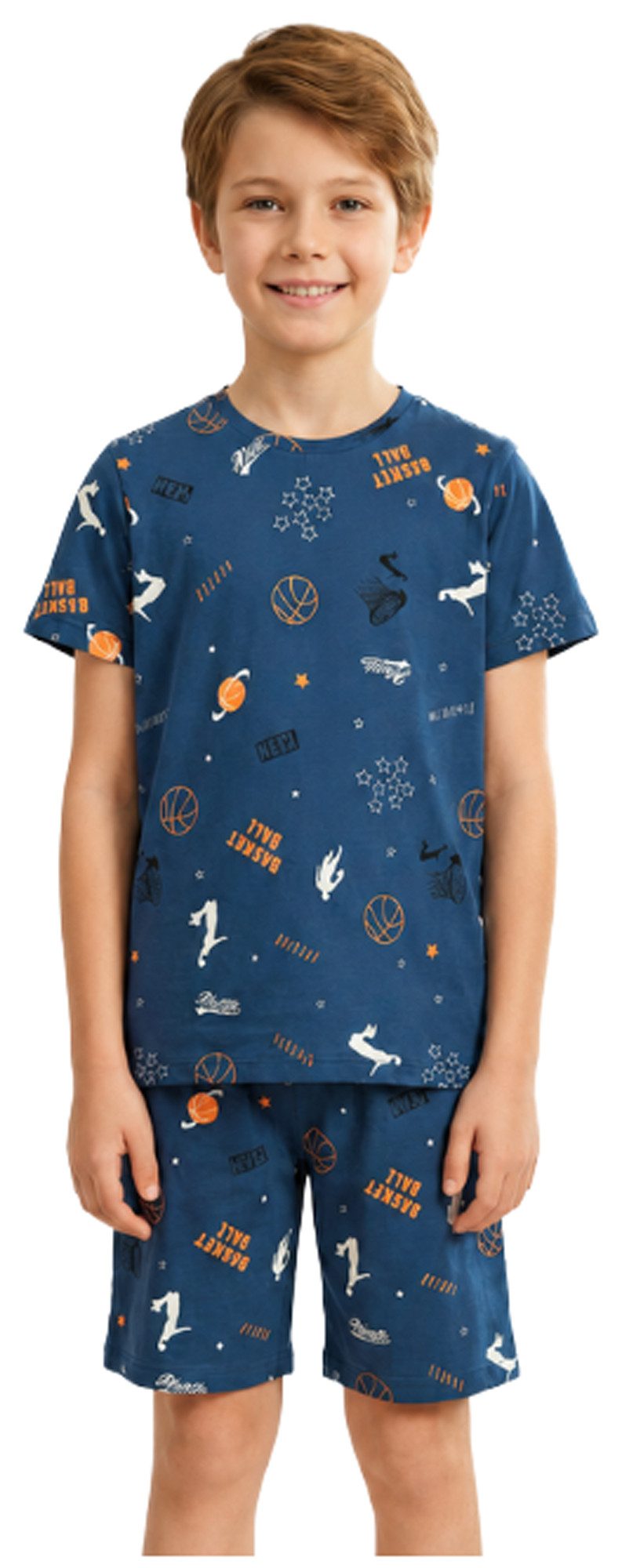 Vienetta Schlafanzug Kids (Set, 2 tlg., 2-teilig) Jungen Pyjama Shorty kurz Kurzarm Bermuda Baumwolle Bastketball
