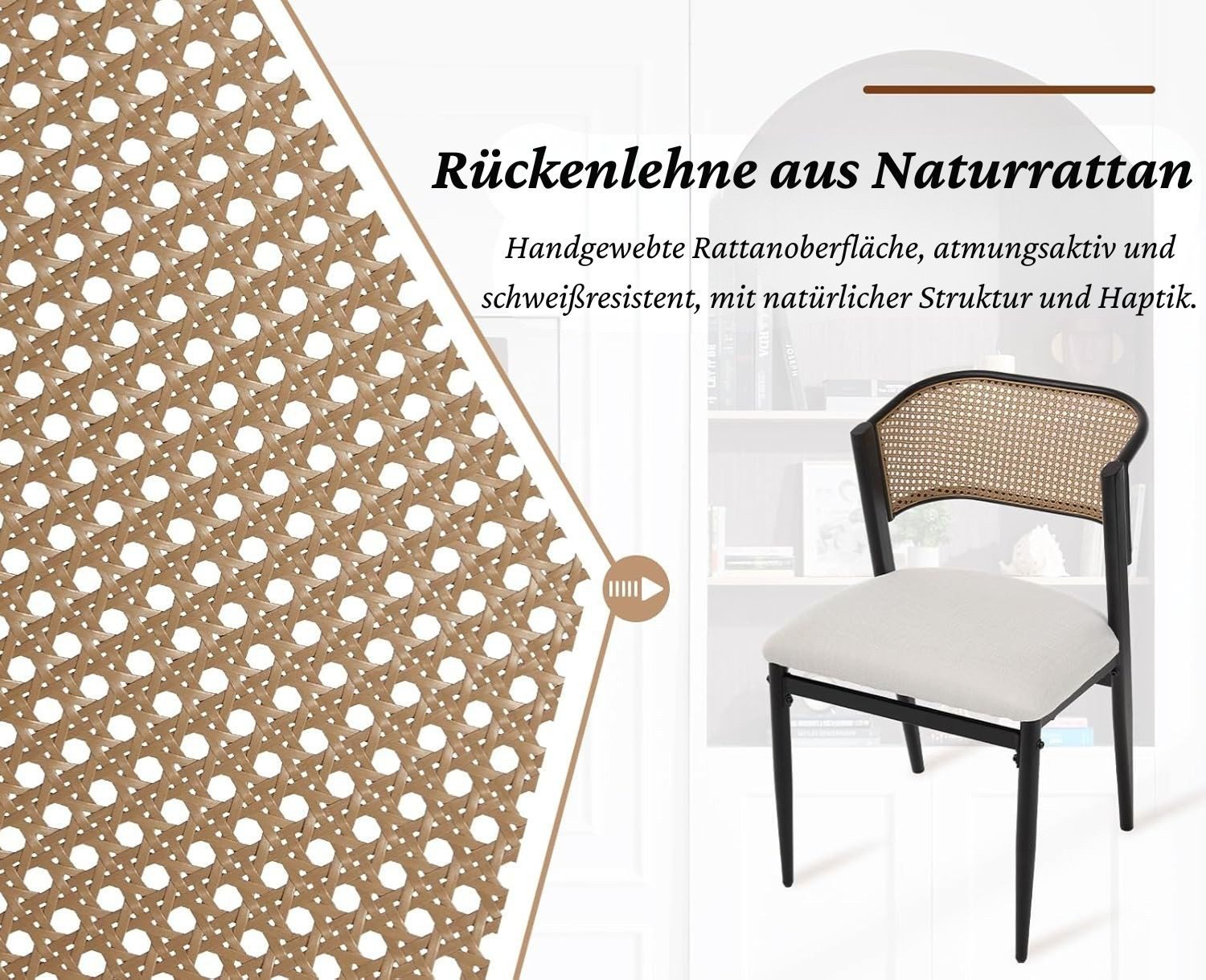 WAHSON OFFICE CHAIRS Esszimmerstuhl 2er Set Rattan-Esszimmerstühle, gepolstert, Leinen, Metallbeine – Bild 4 von 5