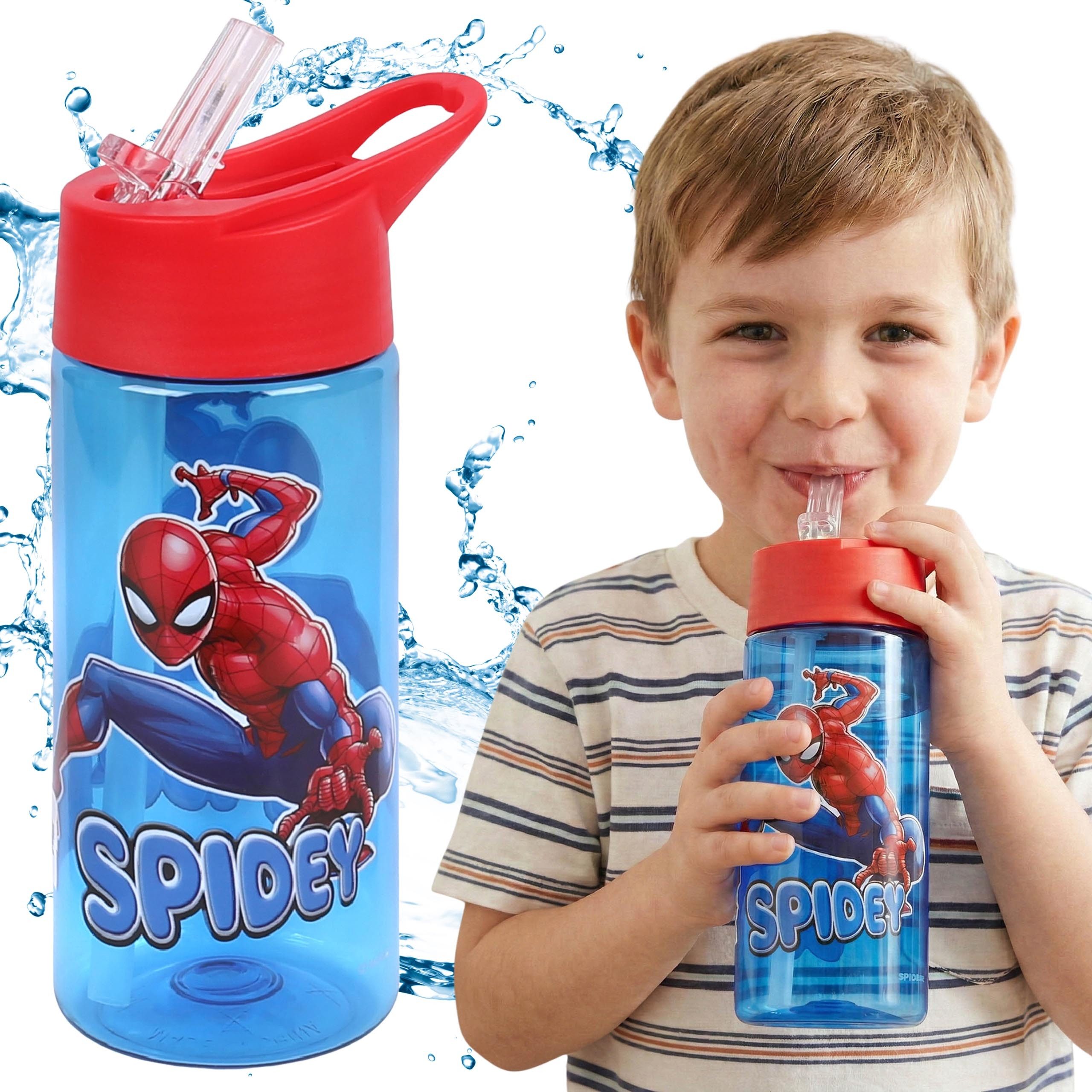 MARVEL Trinkflasche Marvel Spider-Man Trinkflasche mit Strohhalm, transparent, 420 ml