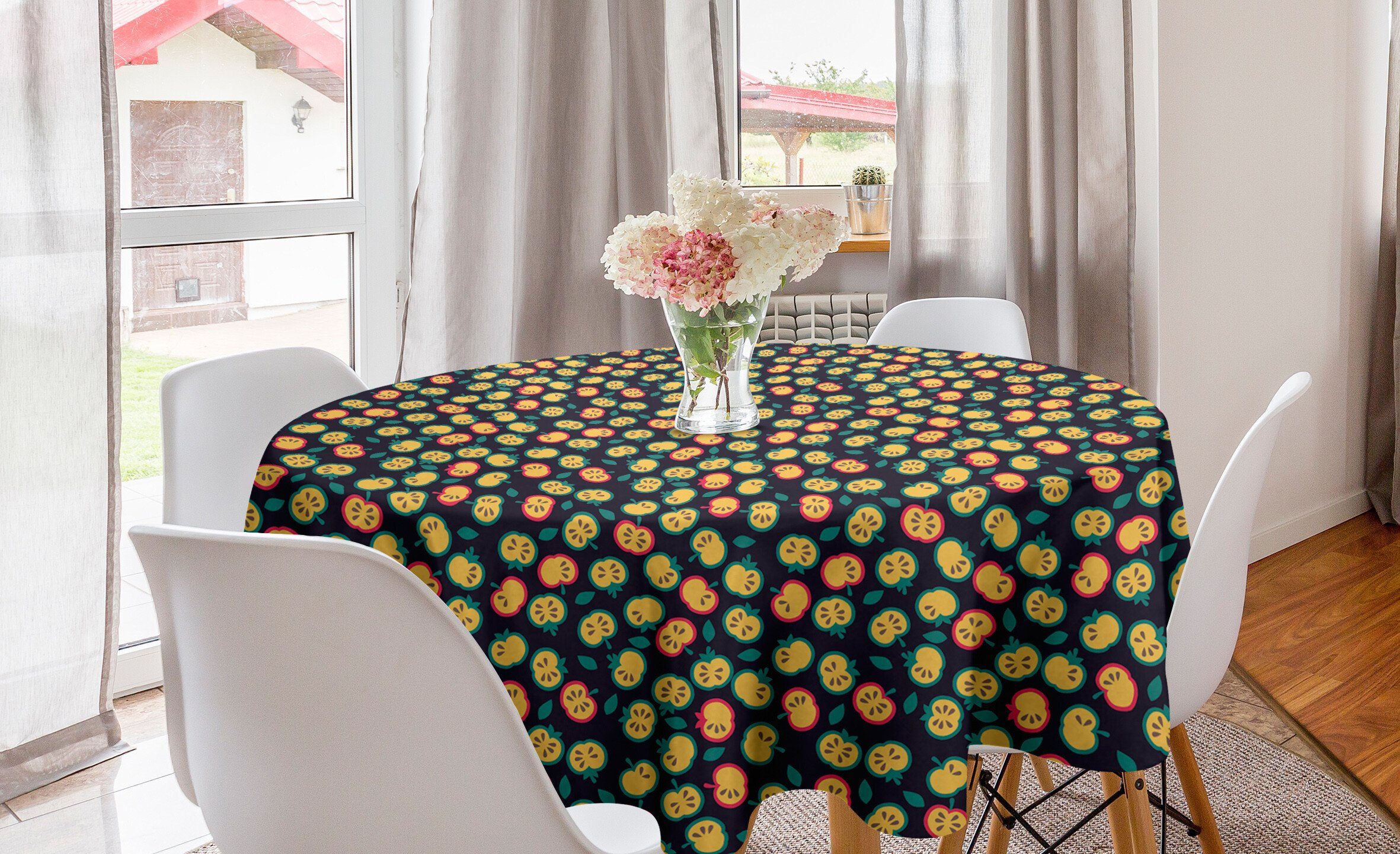 Abakuhaus Tischdecke Kreis Tischdecke Abdeckung für Esszimmer Küche Dekoration, Obst Abstrakt Stil Halbierte Äpfel