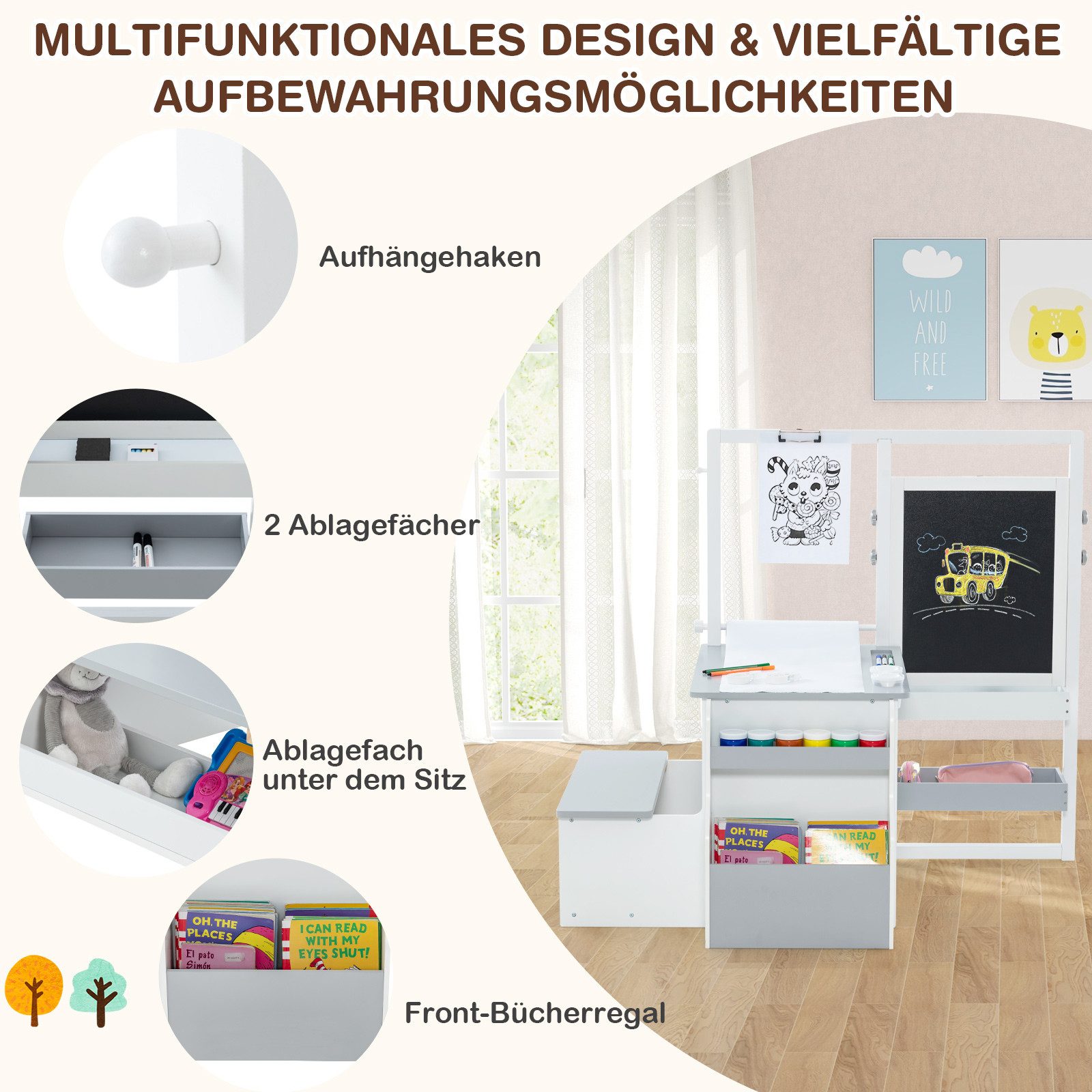 COSTWAY Standtafel 6 in 1 Kinder Staffelei Set, mit Bank
