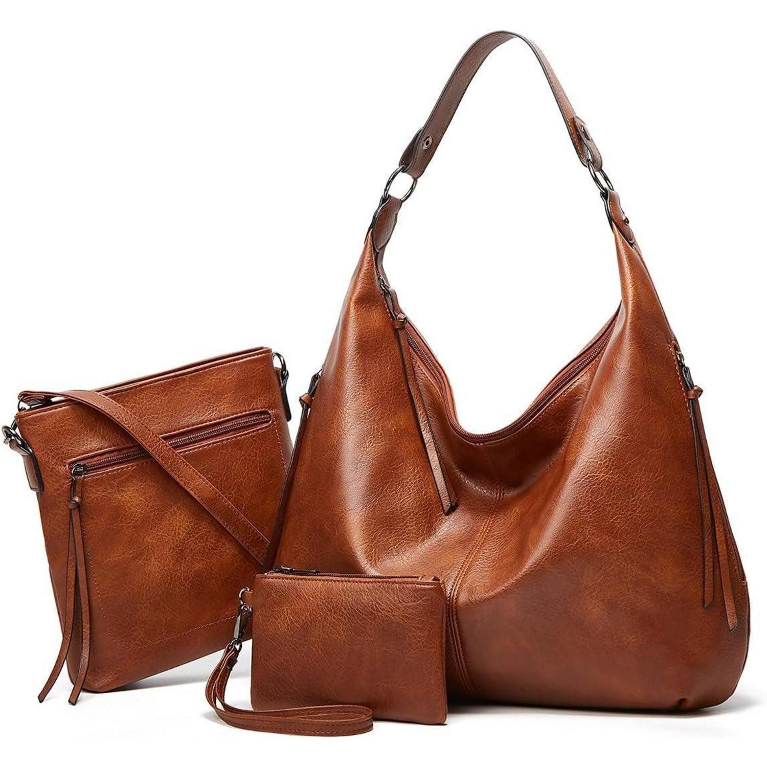 LuxusKollektion Hobo Vintage PU Leather Tote Bag Hobo Shoulder Bag Zipper Closure