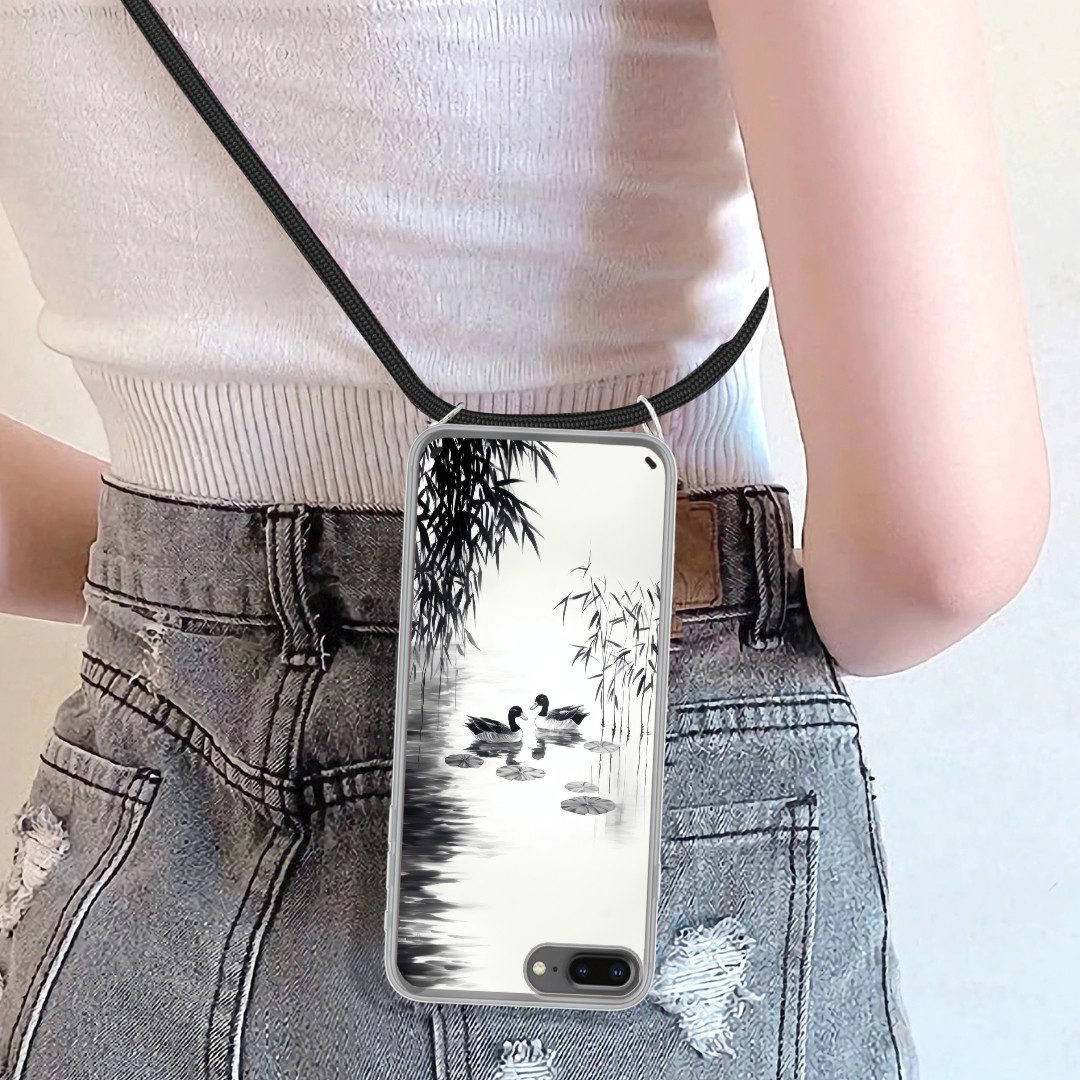 MuchoWow Handyhülle für Apple iPhone 15 Plus Enten - Seerosen - Schilf - Schwarz, Tragbare Handyhüllen mit Kette zum umhängen, Handykette Handyband