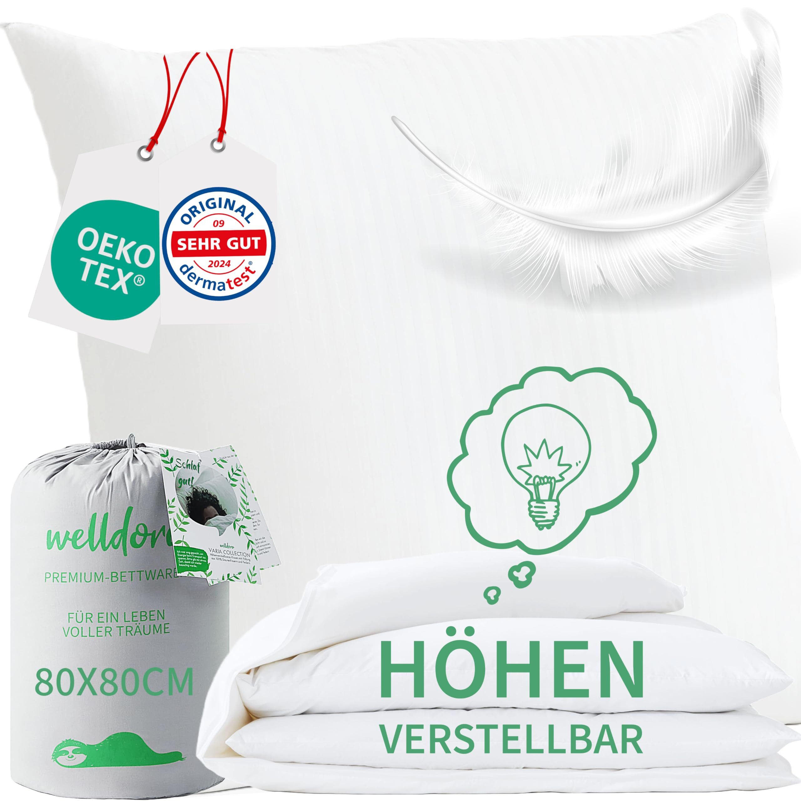 Welldora Kopfkissen Höhenverstellbar, Ergonomische Innovation: Anpassbar fest bis weich, Füllung: 100% Daunenfasern & Federn, Kissen fachärztlich geprüft, Oeko-Tex Zertifiziert in Deutschland