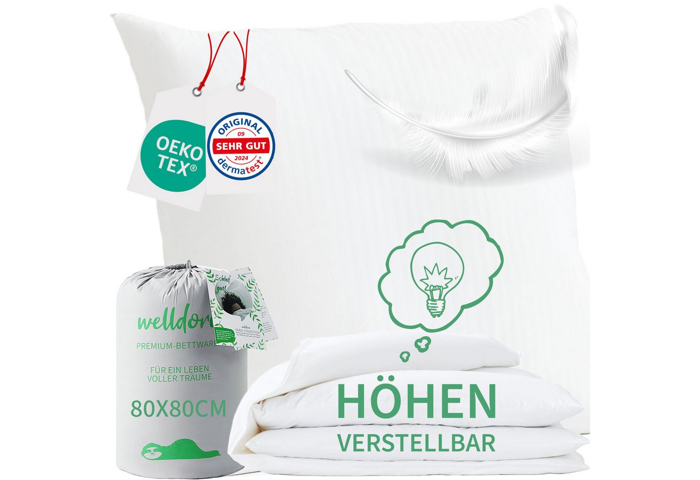 Welldora Kopfkissen Höhenverstellbar, Ergonomische Innovation: Anpassbar fest bis weich, Füllung: 100% Daunenfasern & Federn, Kissen fachärztlich geprüft, Oeko-Tex Zertifiziert in Deutschland
