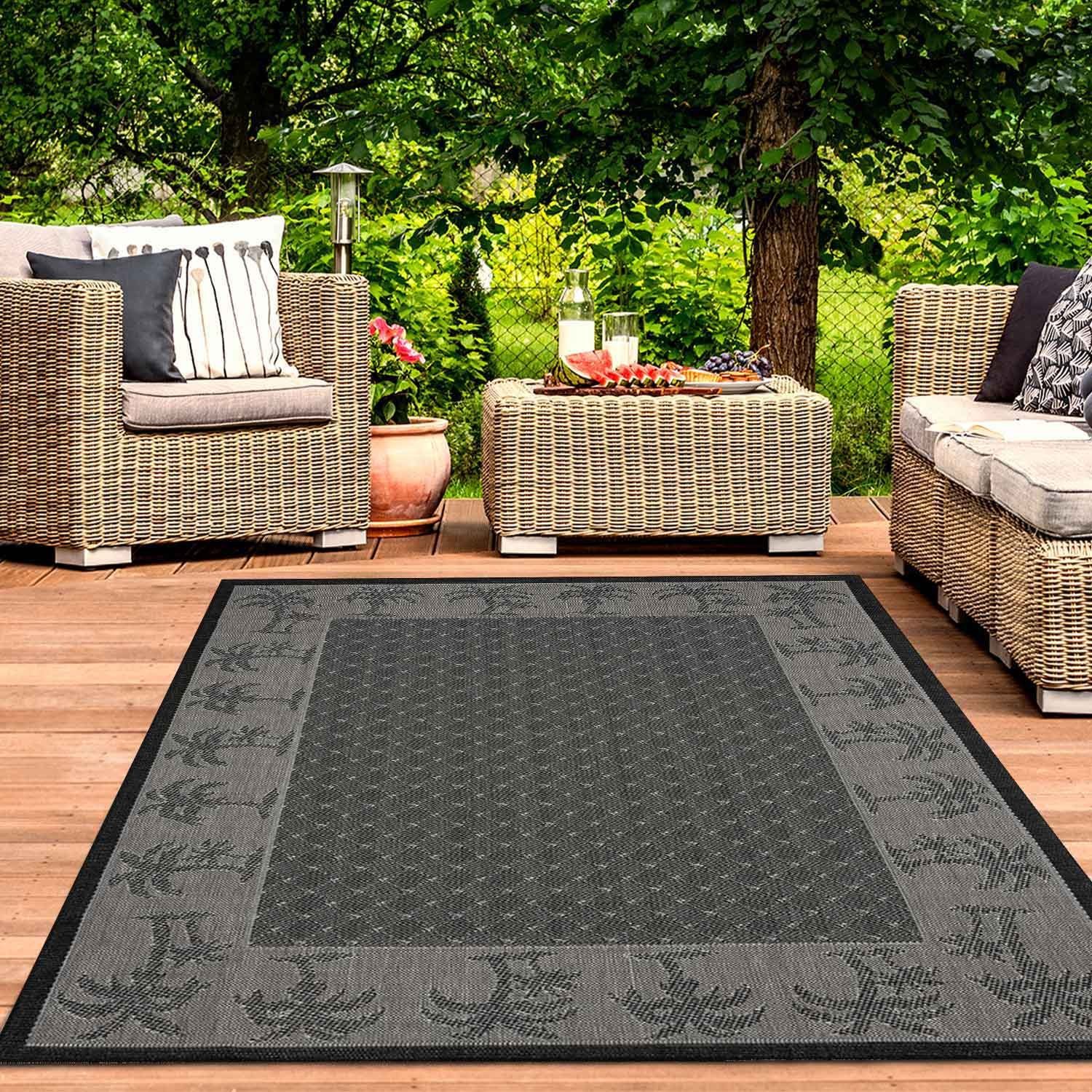 Vimoda Outdoorteppich In- und Outdoor Läufer Schwarz mini Palmen Muster, Rechteckig, Höhe: 5 mm, Teppich Terrasse Balkon Küche in Grau