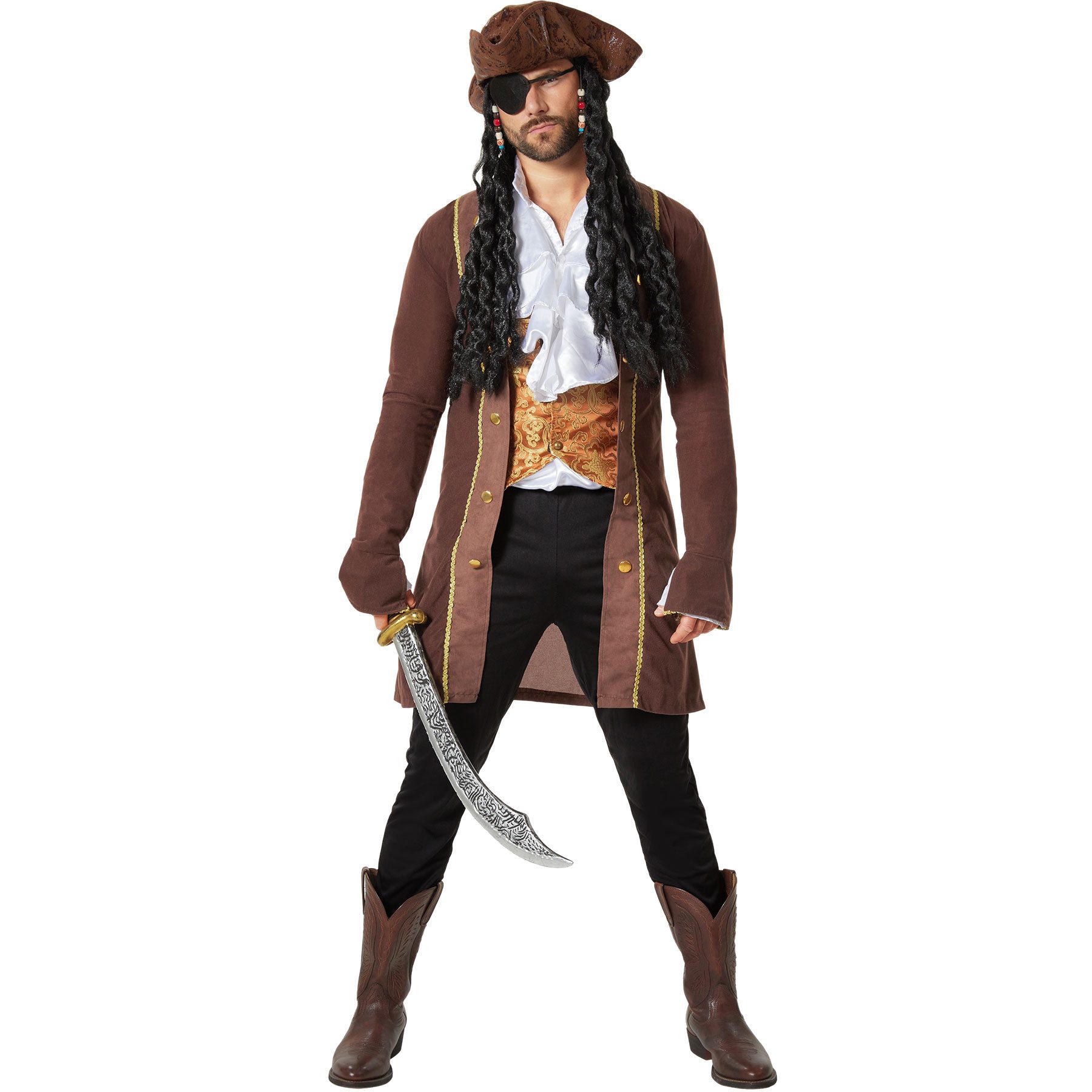 dressforfun Kostüm Dreispitz/Seeräuberhut Piratenhut, in braun/schwarz, Für Fasching, Hut mit langen schwarzen Haaren, Strapazierfähig und langlebig