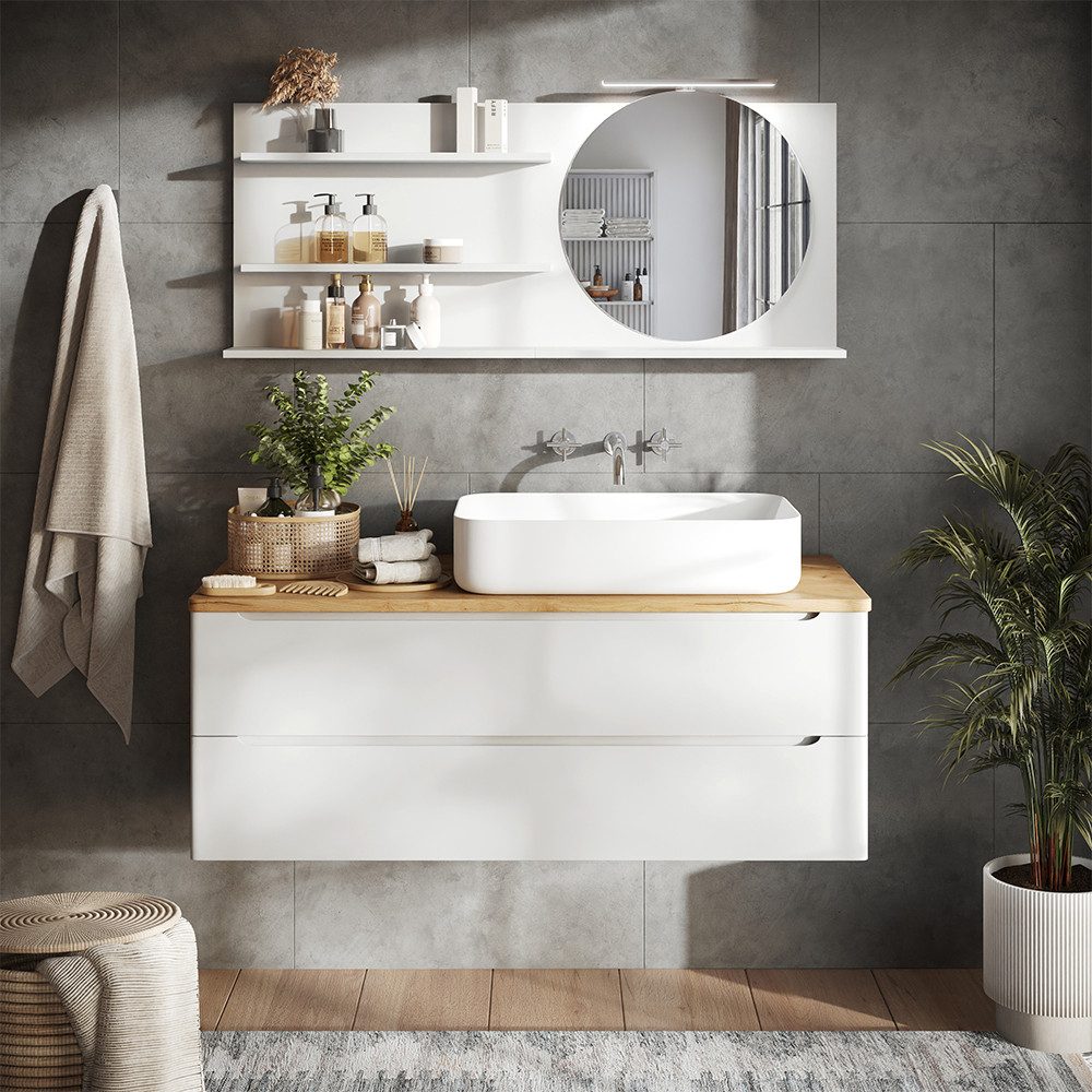 Vicco Badezimmerspiegelschrank Avena, Weiß, 120 x 50 cm mit 3 offenen Fächern (1-St)
