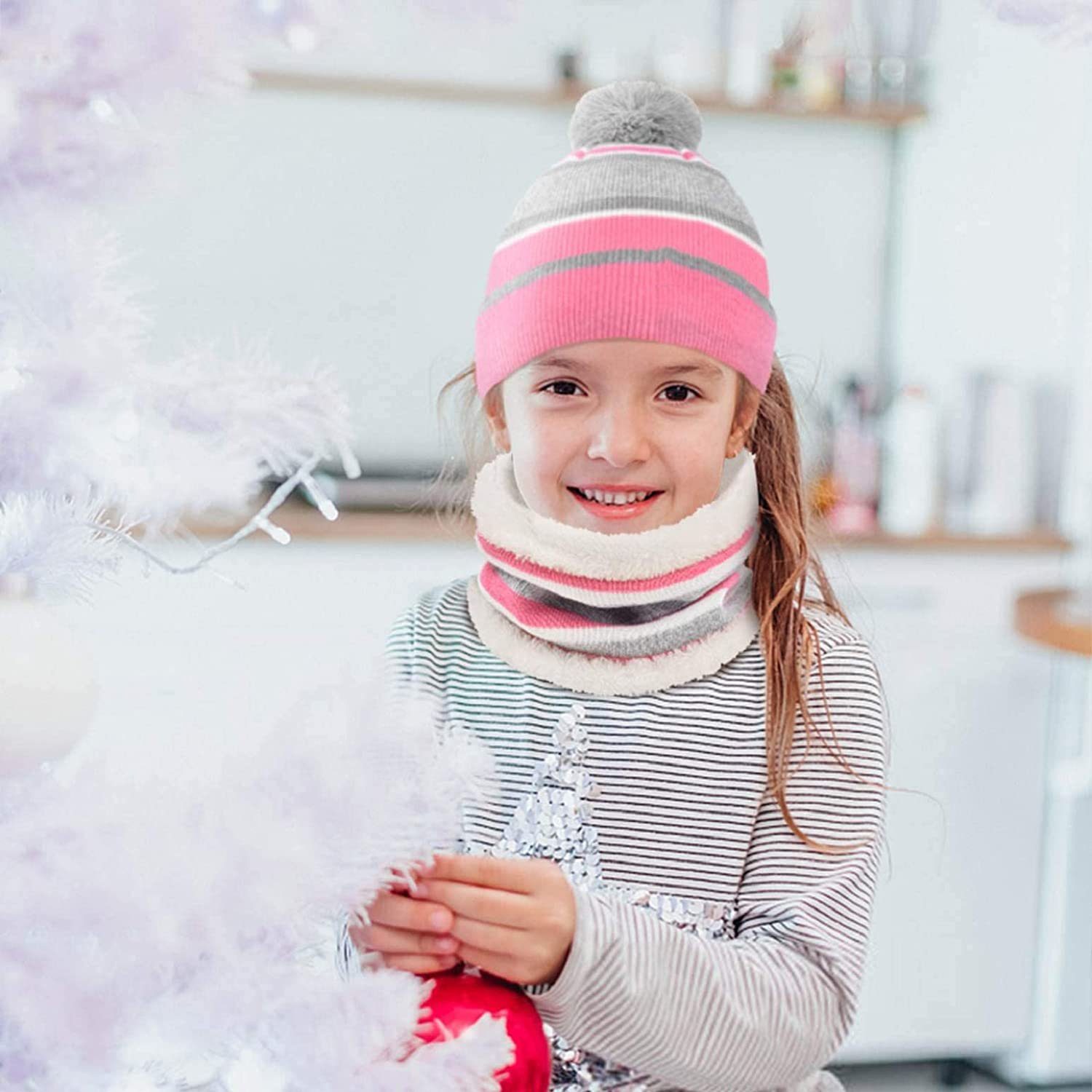 GelldG Handschuhe Set Kinder Wintermütze Winterschal Warme Streifen pink Strickhandschuhe