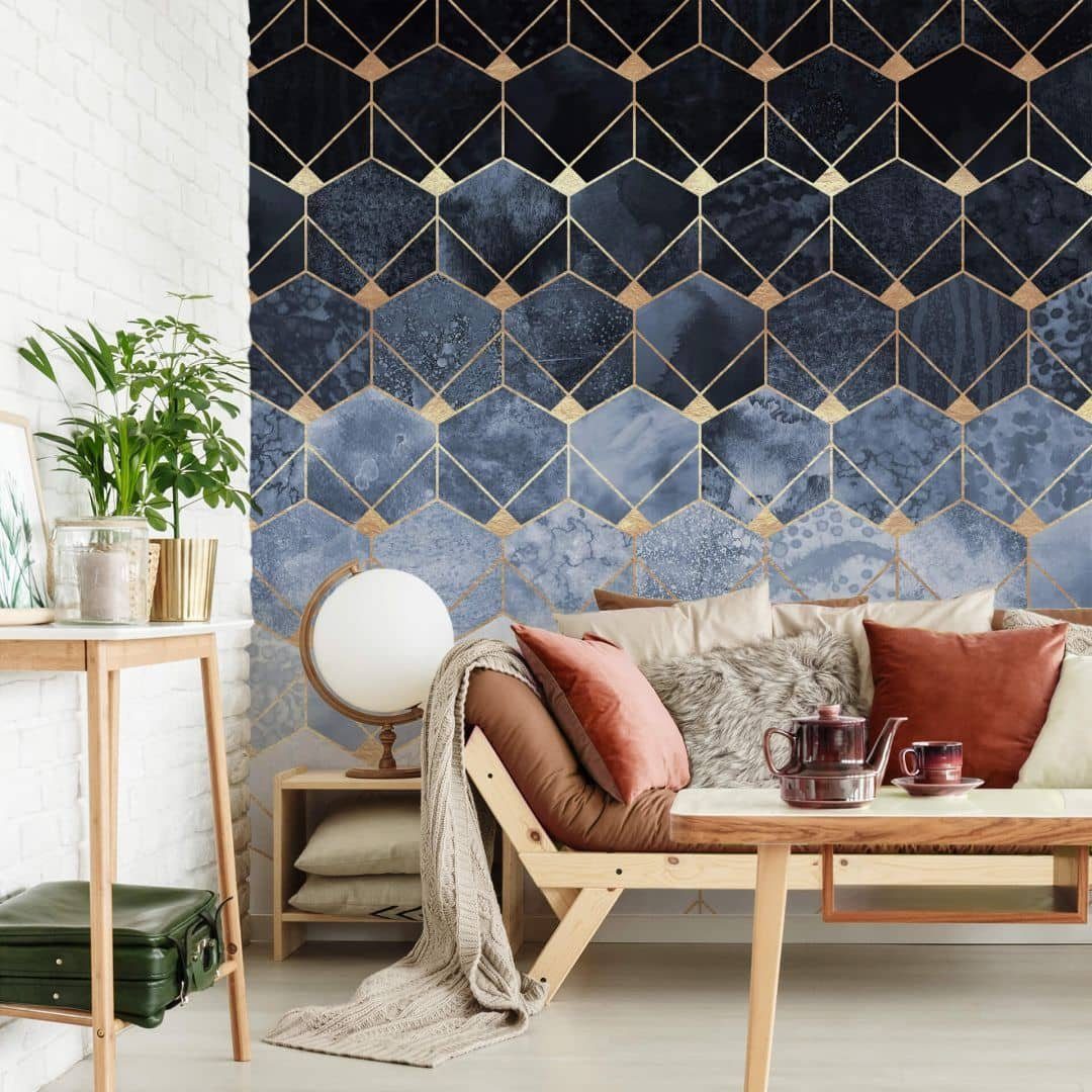 K&L Wall Art Fototapete Große Vliestapete XXL Art Deco Hexagone Blau Gold abstrakt, Wohnzimmer Wandschutz