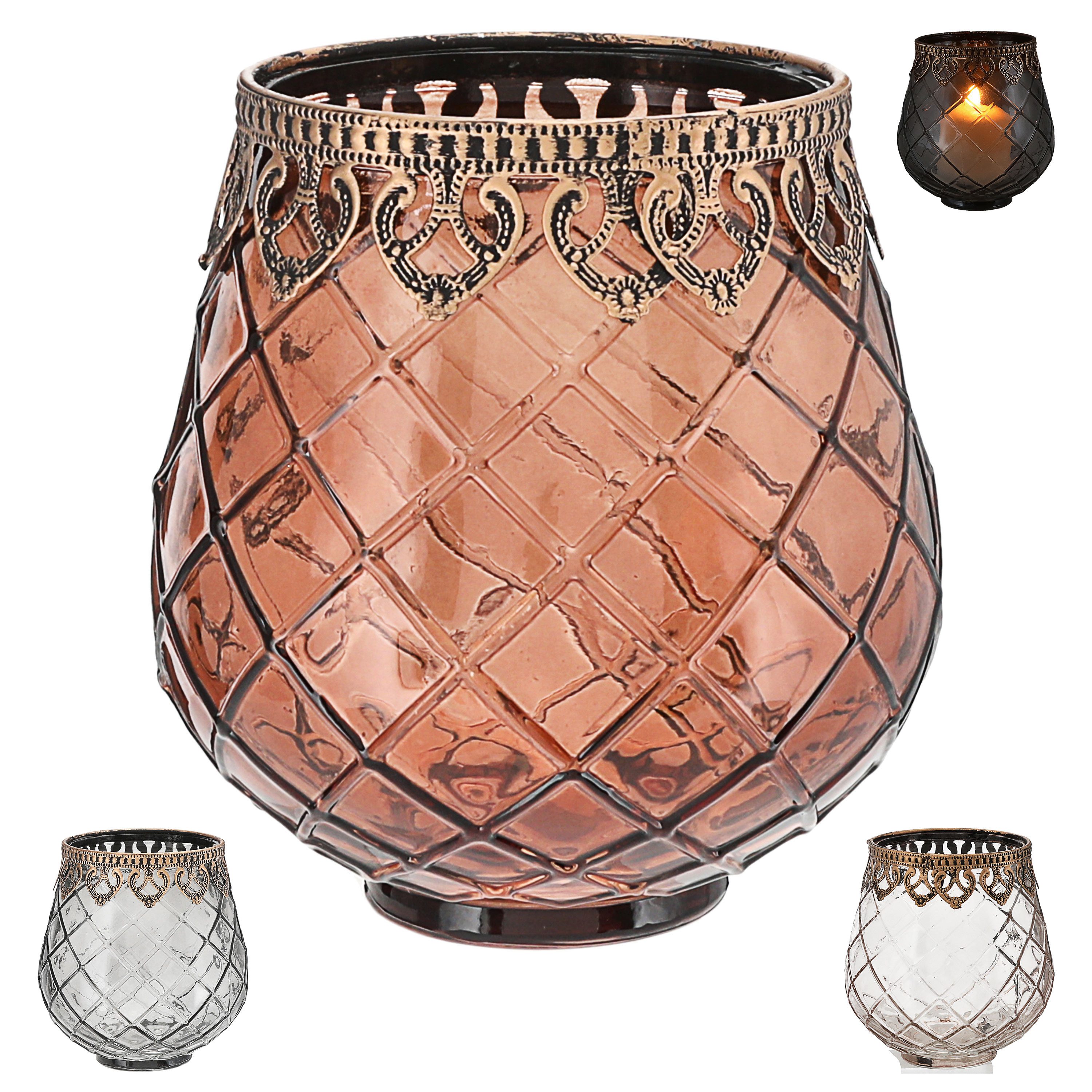 CEPEWA Windlicht Windlicht 3er Set Glas Metall Ø13cm grau braun rosé Teelicht Raute