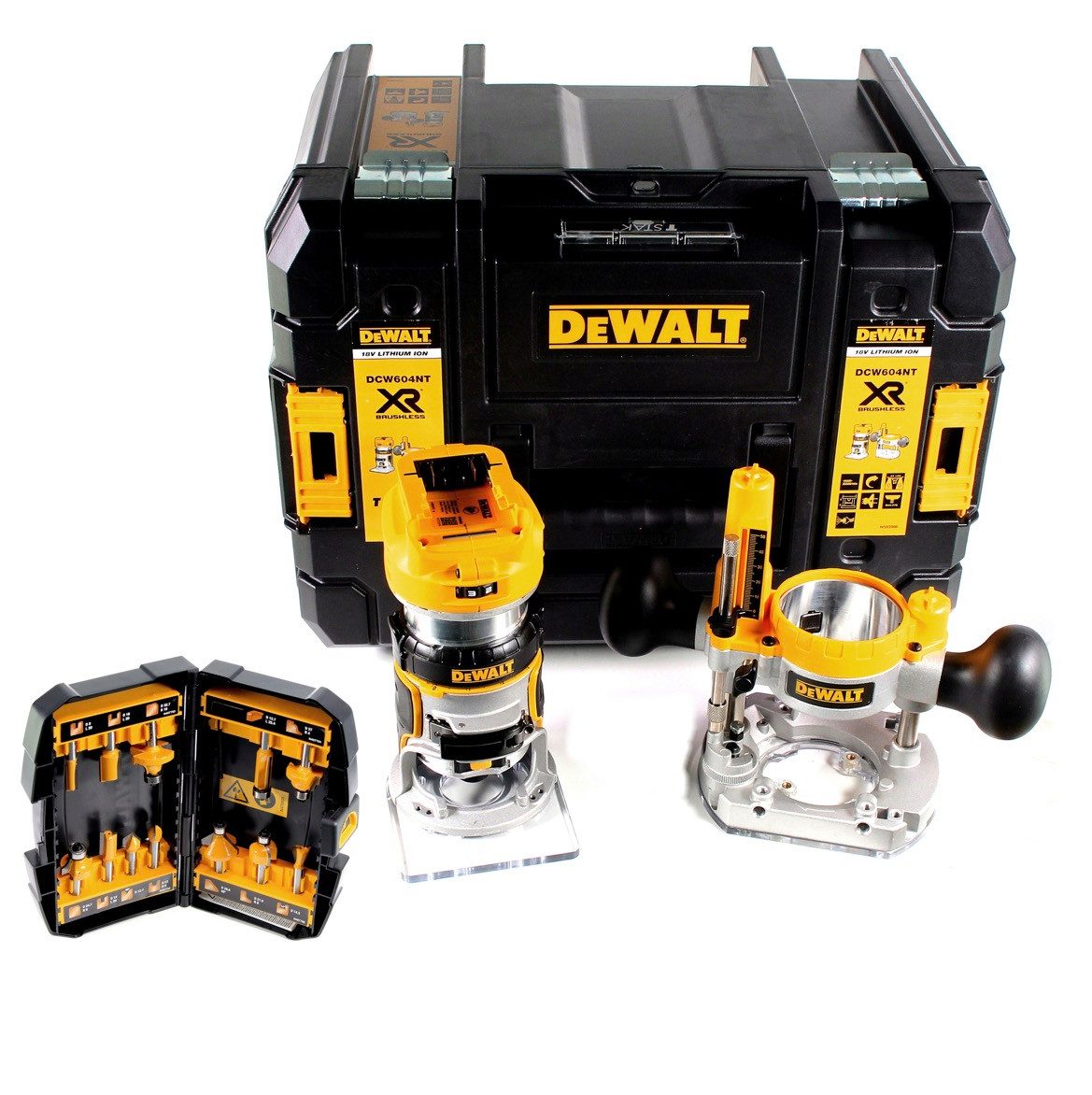 DeWalt Akku-Multifunktionsfräse DCW 604 NT Akku Kombifräse 18V 55mm + Fräser Set 12 tlg. in TSTAK