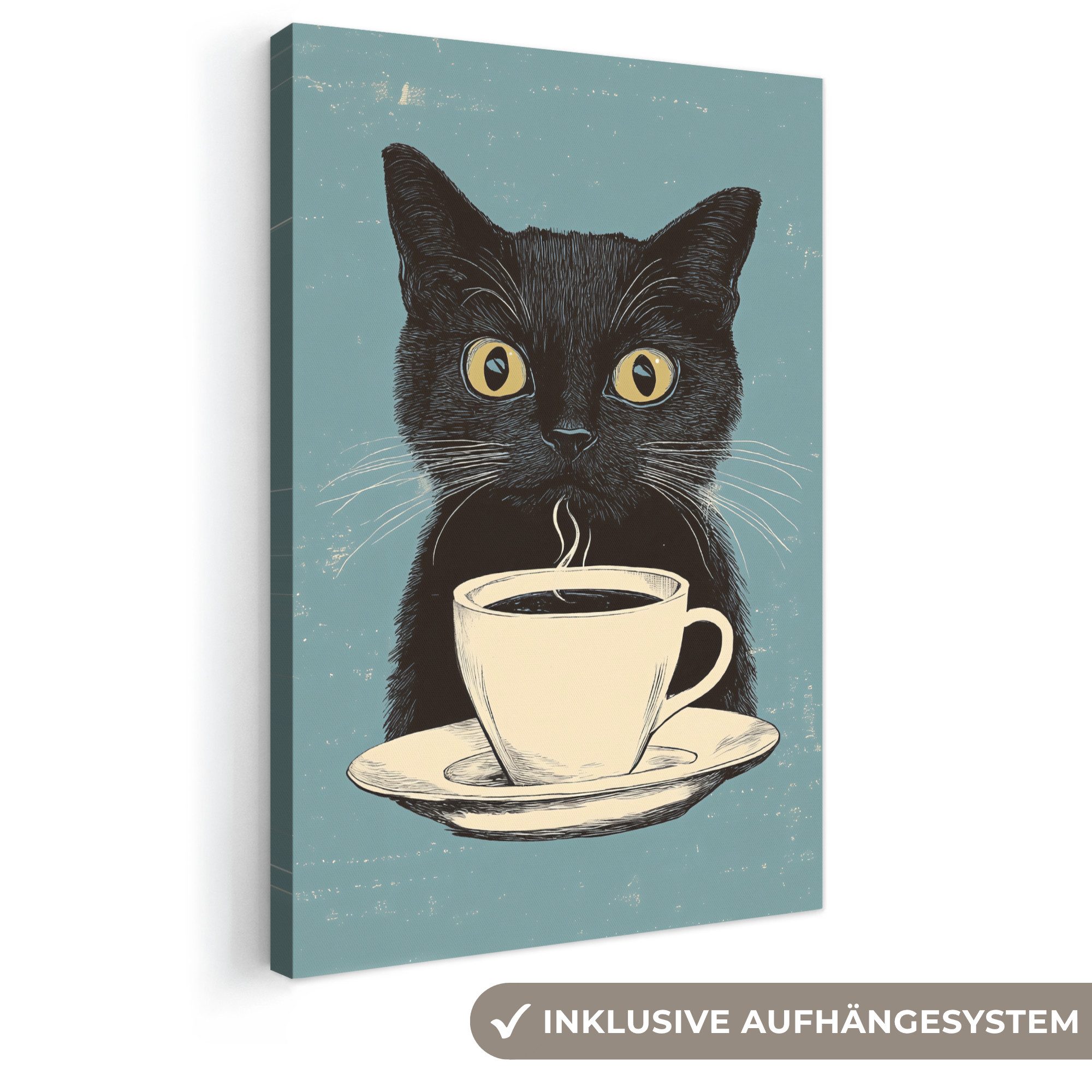 OneMillionCanvasses® Leinwandbild Katze - Schwarz - Kaffee - Minimalistisch, Fotodruck (1 St), Leinwand Canvas Wandbild, Wanddekoration 20x30 cm