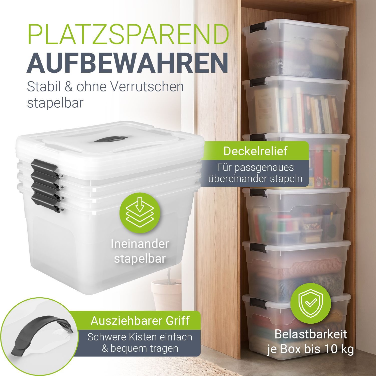 Juskys Aufbewahrungsbox (4 St), stabil, verschließbar und pflegeleicht