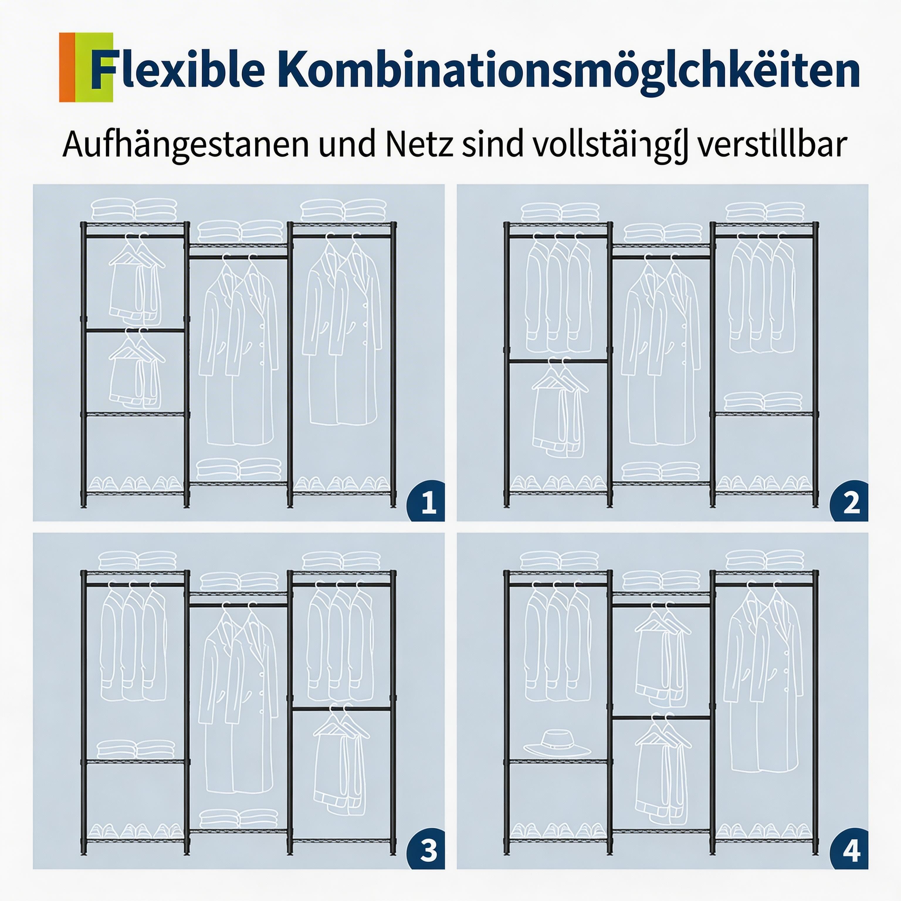 GarveeMore Kleiderständer Hangende Metall Kleidungshalter offen mit 4 Kleiderstangen – Bild 3 von 5