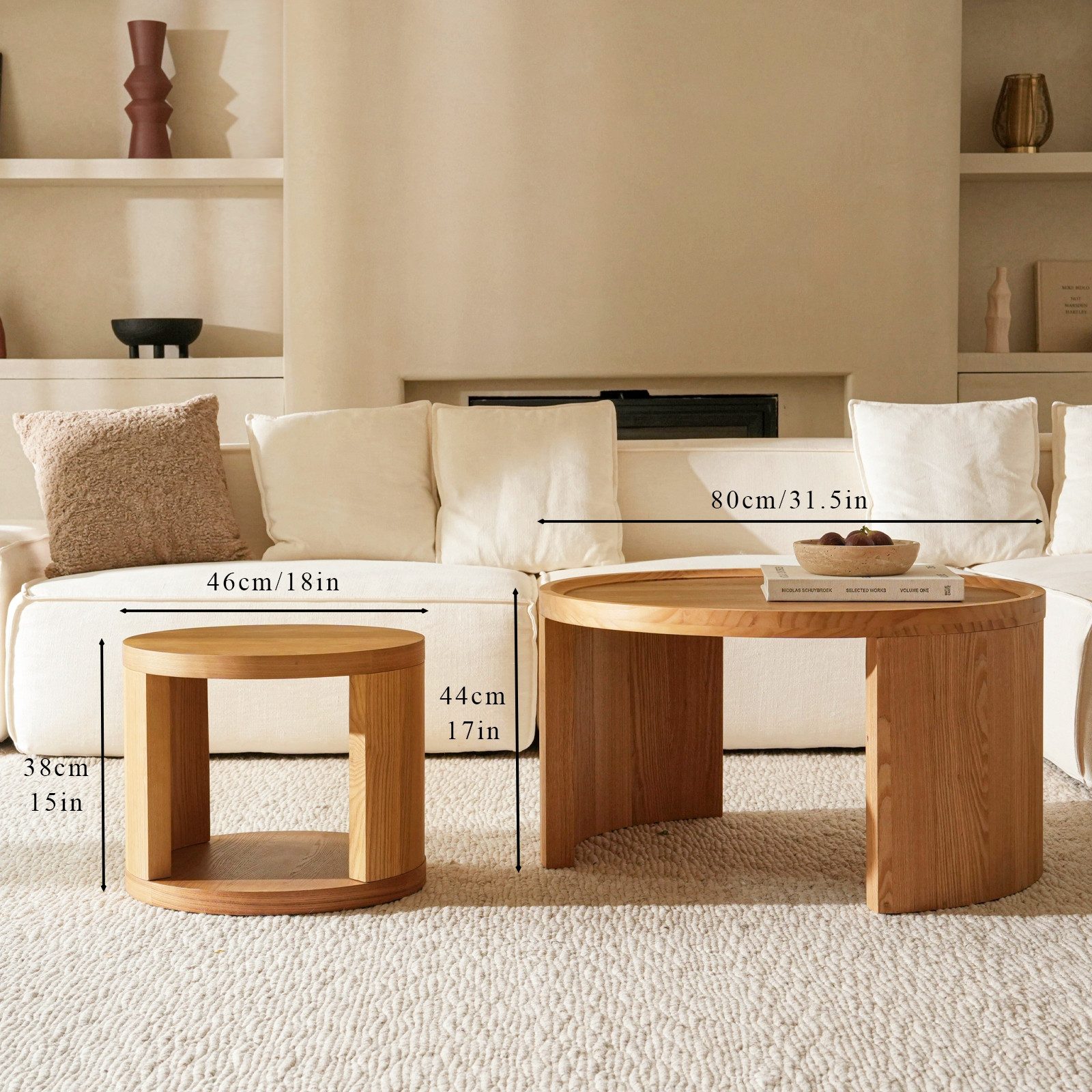 Cagnolier Couchtisch Rund 2er Set aus Holz, Moderner Wohnzimmertisch Ø80+Ø46 cm (2-St), Runder Sofatisch mit Stauraum, Kaffeetisch & Beistelltisch in Natur