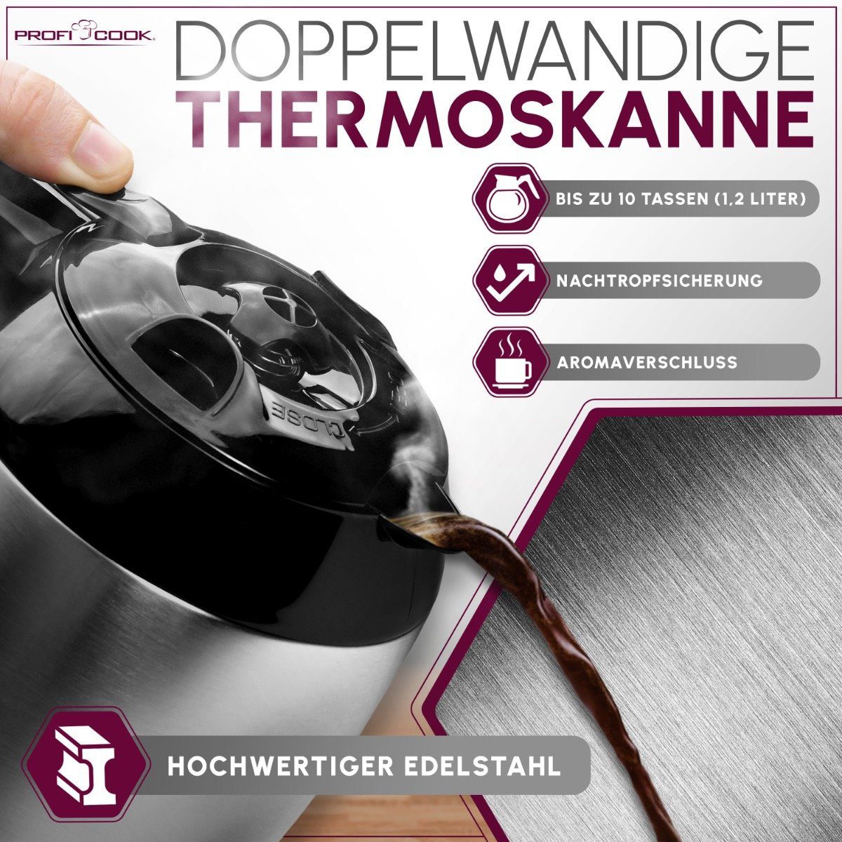 ProfiCook Filterkaffeemaschine PC-KA 1191, Kaffeemaschine mit Thermoskanne und Zeitschaltuhr