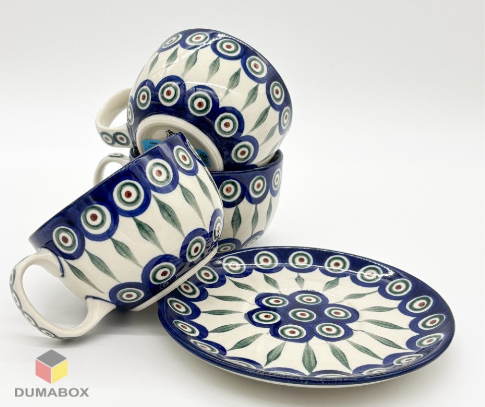 Ceramika Artystyczna Bolesławiec Tasse Handgefertigte Tasse mit Untertasse Bunzlauer Keramik 350 ml