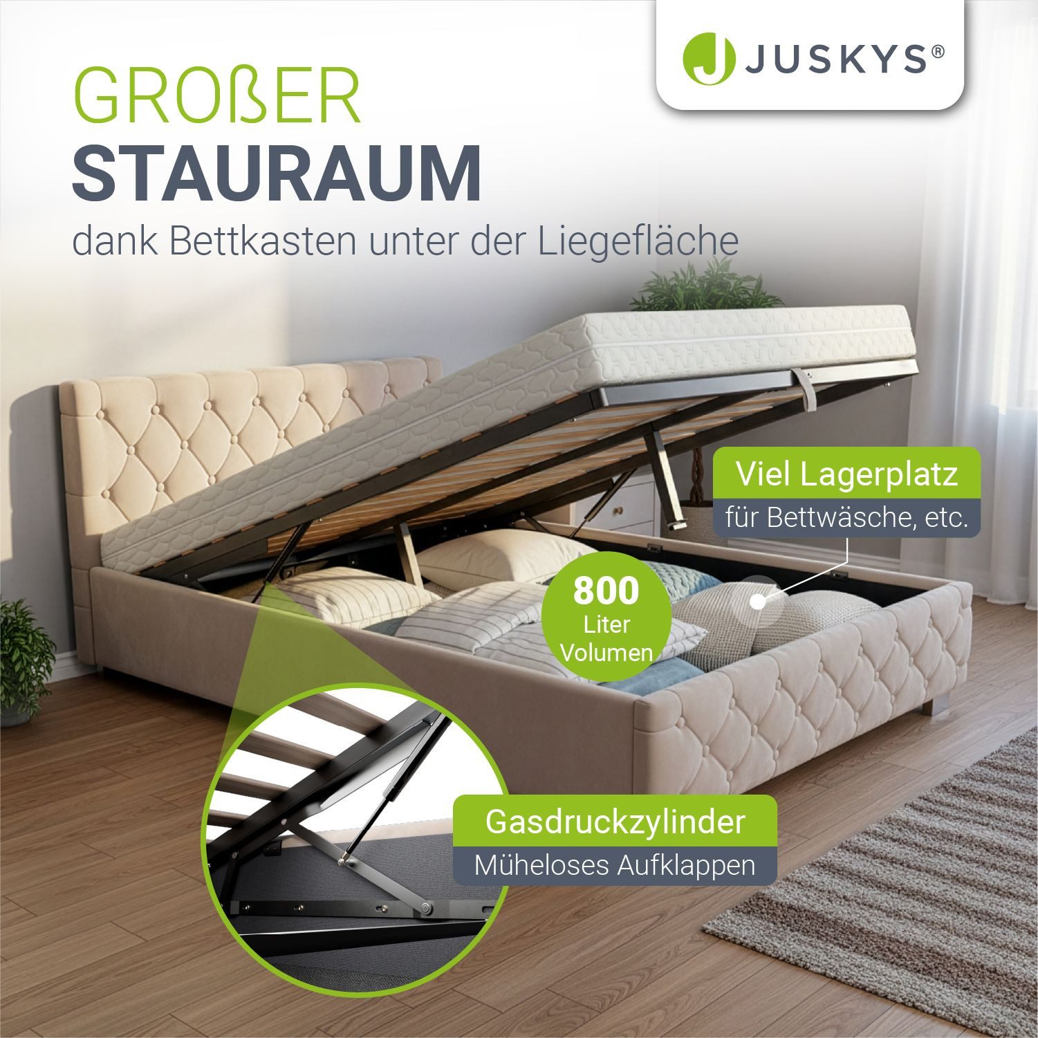 Juskys Polsterbett Nizza, 140x200 cm, LED Licht, Stauraum, Samtbezug, inkl. Matratze
