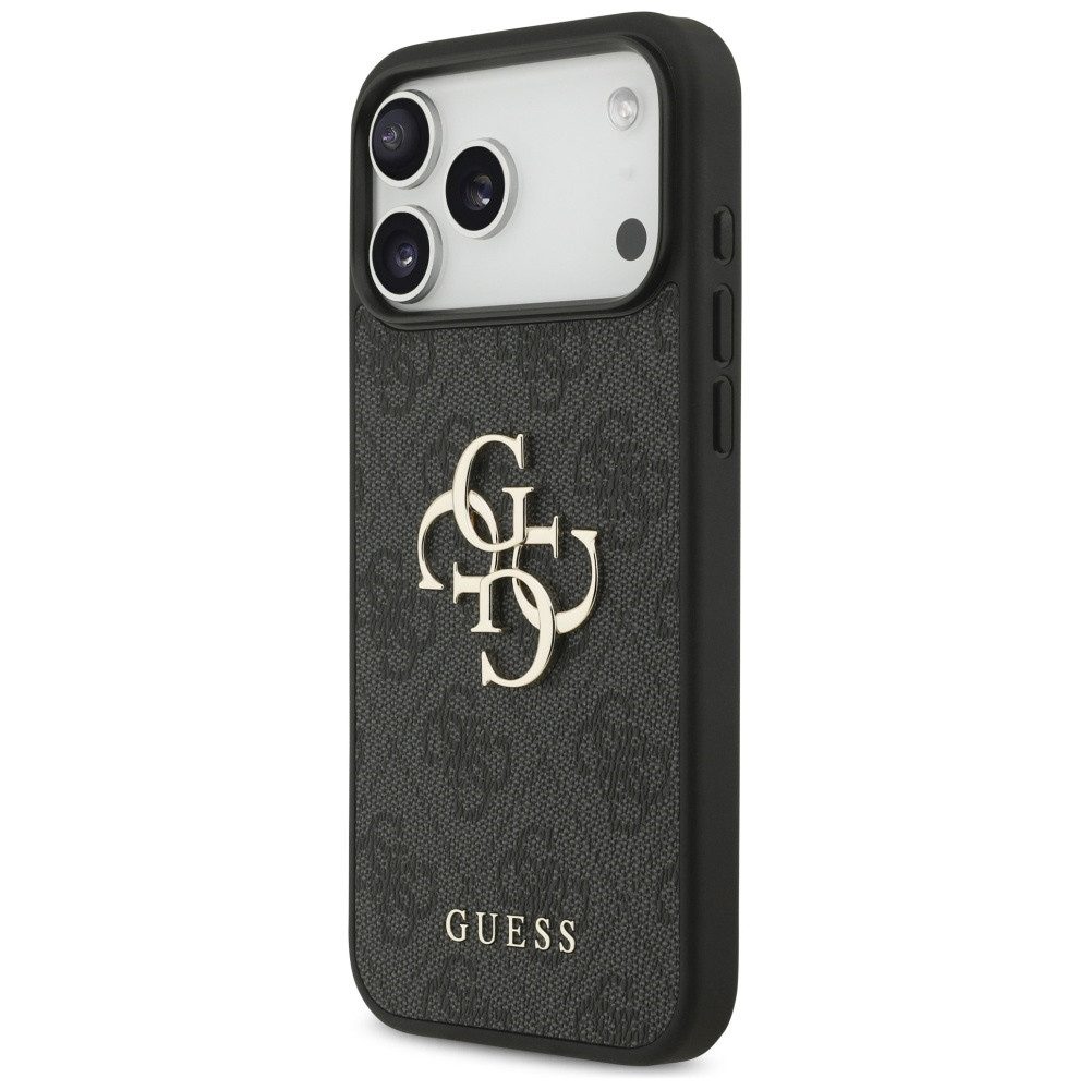 Guess Handyhülle Case iPhone 17 Pro Max Kunstleder grau Big Logo goldfarbig Kette 6,9 Zoll, Kantenschutz