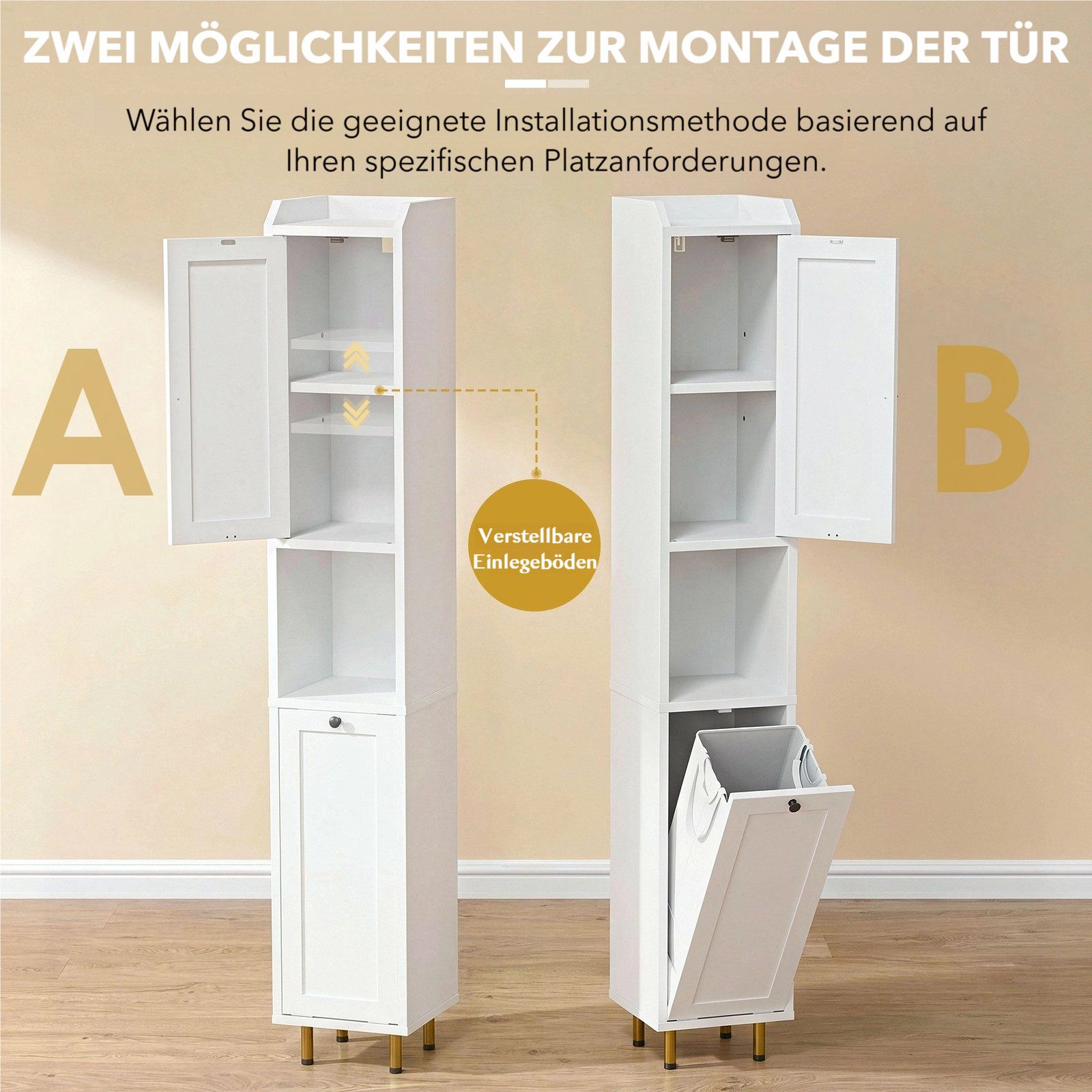 TLGREEN Badkommode Badezimmerschrank mit Wäschekorb, (37 L Wäschebeutel, Standschrank mit 4 Aufbewahrungszonen, 1 St), verstellbare Böden, 25 kg Tragkraft, Kipp – Bild 5 von 5