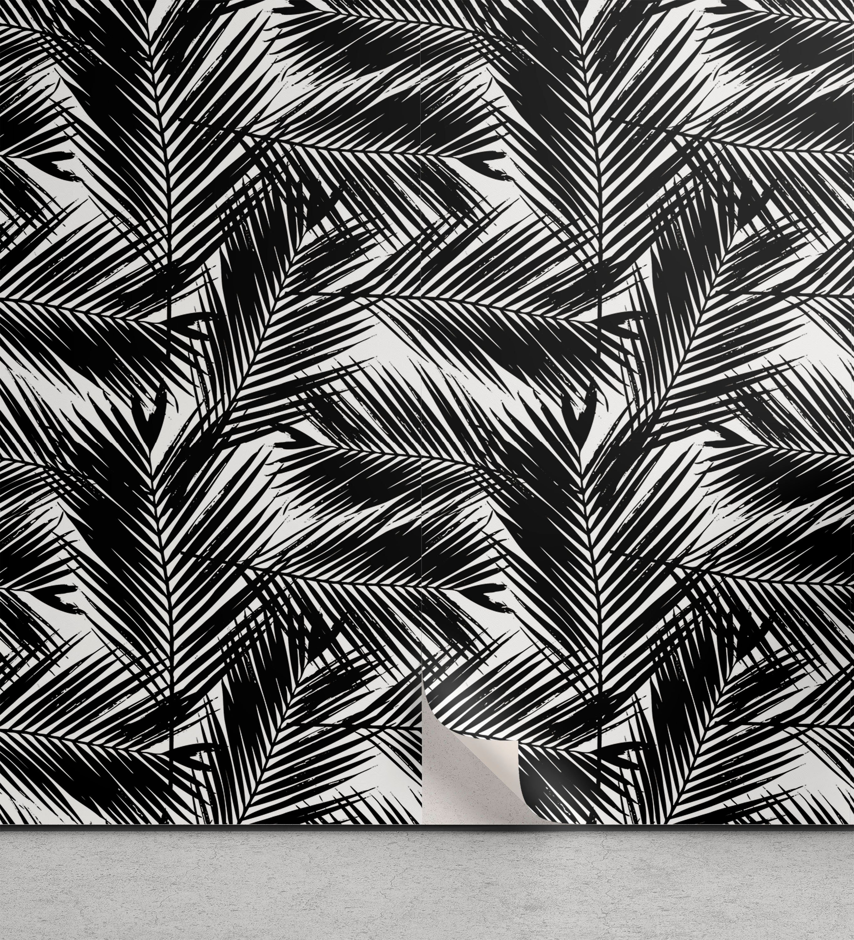 Abakuhaus Vinyltapete selbstklebendes Wohnzimmer Fan Palm weiß Küchenakzent, Leaves Schwarz und