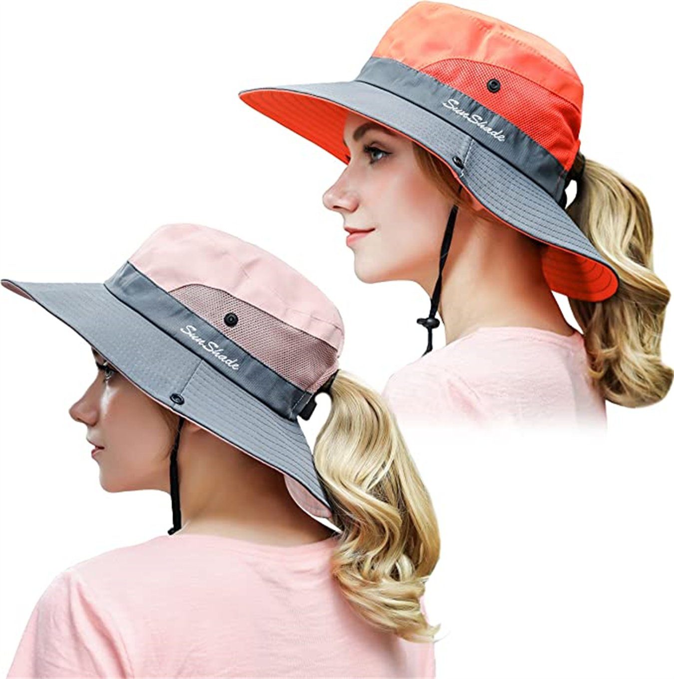 XDeer Sonnenhut 2x Sonnenhut für Damen,Faltbar SafariHut Wanderhut Gartenhut Wasserdicht,Breiter Krempe mit UV-Schutz,Verstellbare Kinnband Orange+pink