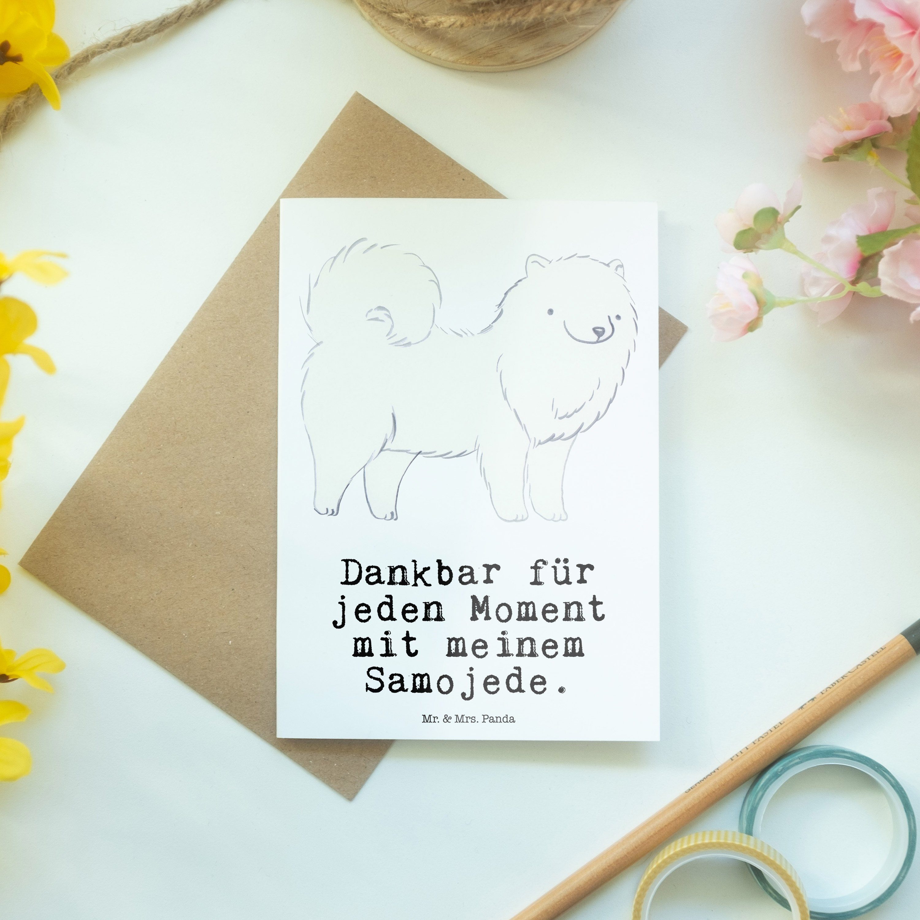 Panda & Geschenk, Geburtstagskarte, Welpe, Grußkarte Mrs. Moment - Mr. Samojede - Weiß Samojeden