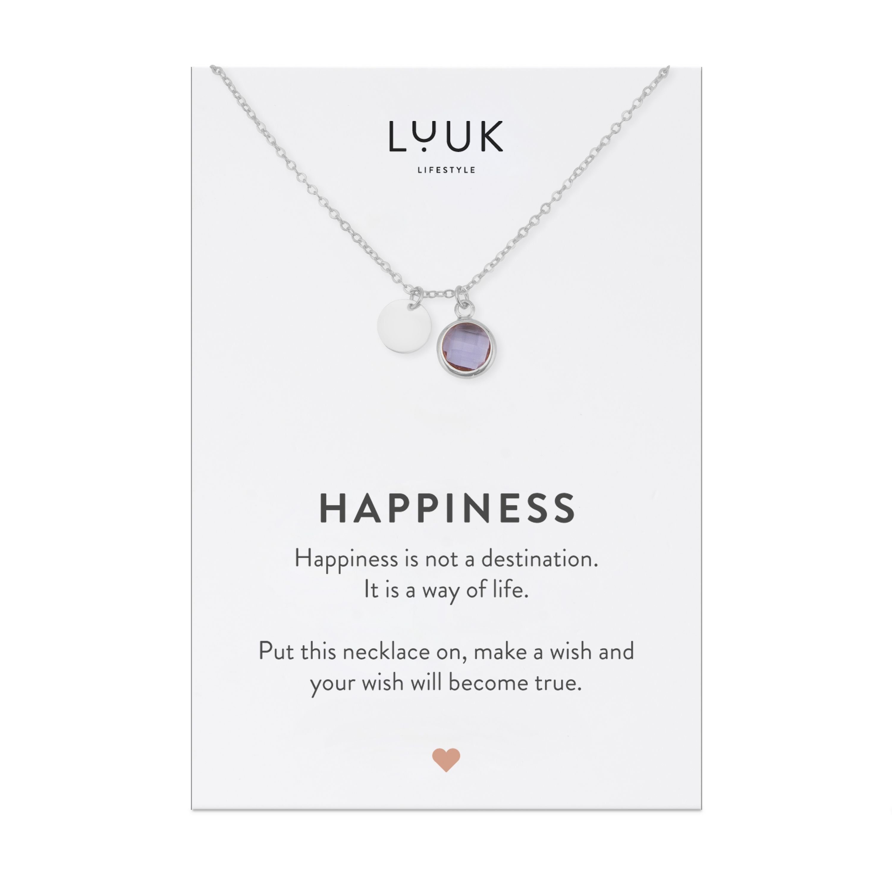 LUUK LIFESTYLE Kette mit Anhänger violetter Kristall, Geschenkidee zu Weihnachten, verstellbare Kettenlänge 50cm, Glücksbringer zu Silvester, Edelstahl, violetter Kristall Anhänger, Spruchkarte, Silber