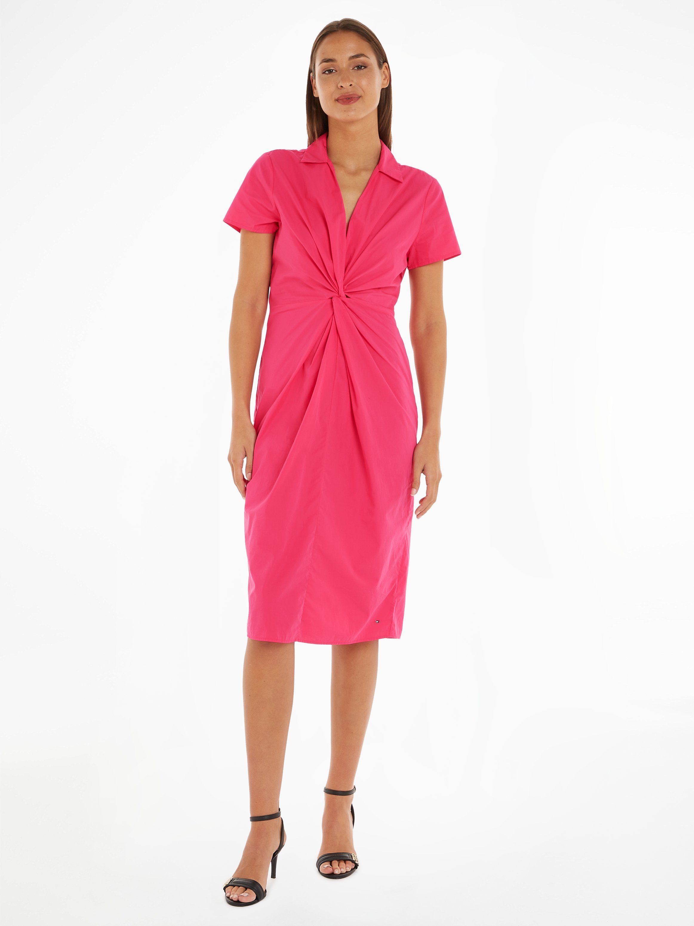 modischem Knotendetail Bright_Cerise_Pink in SS mit Taille POPLIN SOLID MIDI der Blusenkleid DRESS Hilfiger Tommy