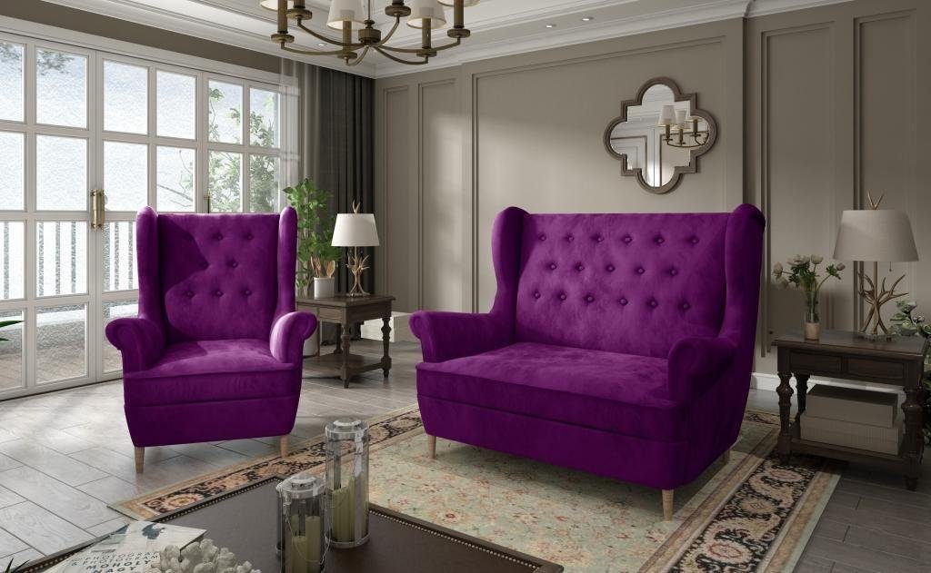 JVmoebel Wohnzimmer-Set Graue Stoff 2+1 Sofa Violett Polster Sitzer Sofagarnitur Chesterfield Couch