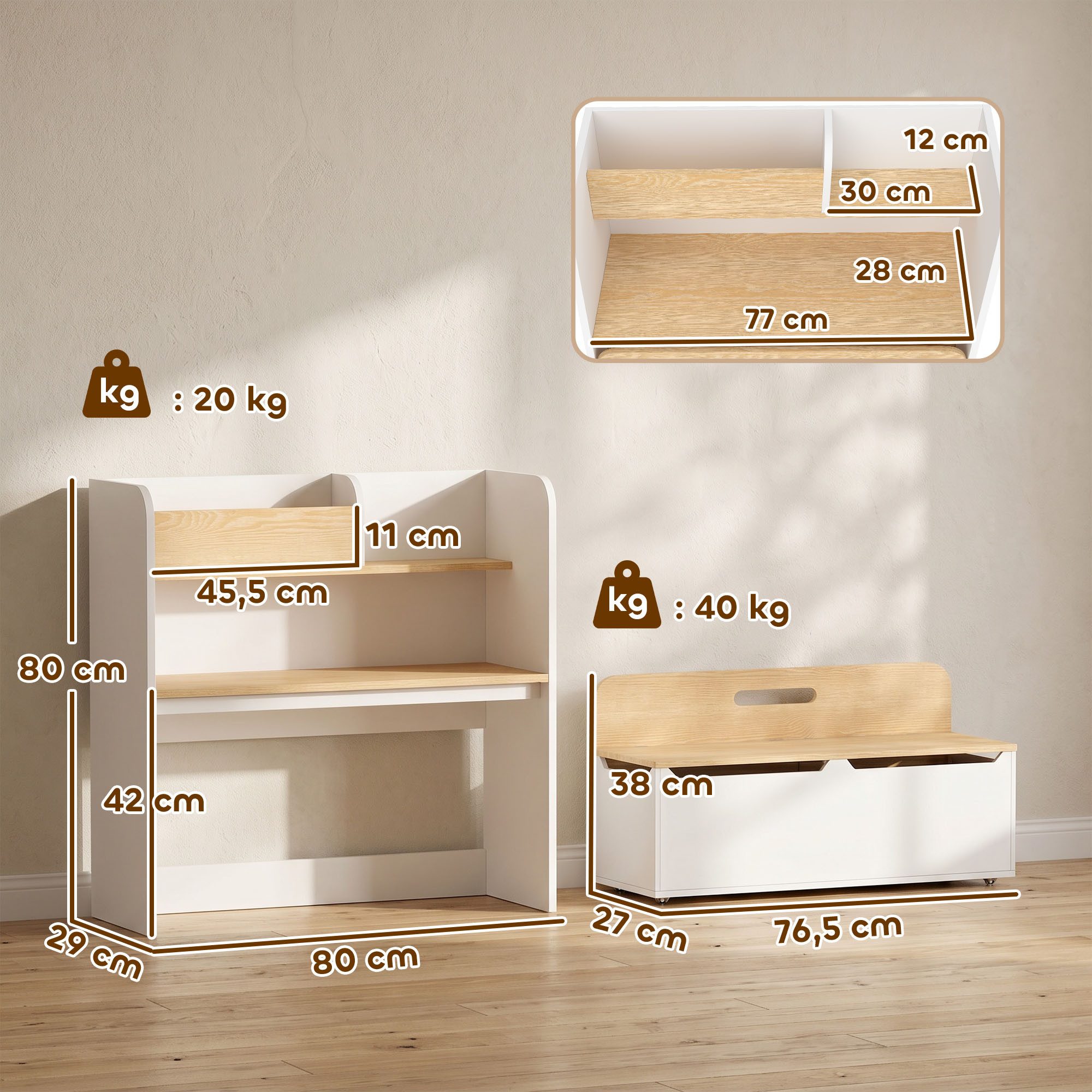 AIYAPLAY Kindersitzgruppe Kindertisch mit Sitzbank 5-in-1 mit Bücherregal rollbar Truhebank, (Kinder Tisch Stuhl Set, 2-tlg., Kindermöbel), für Kinderzimmer, für 3-8 Weiß
