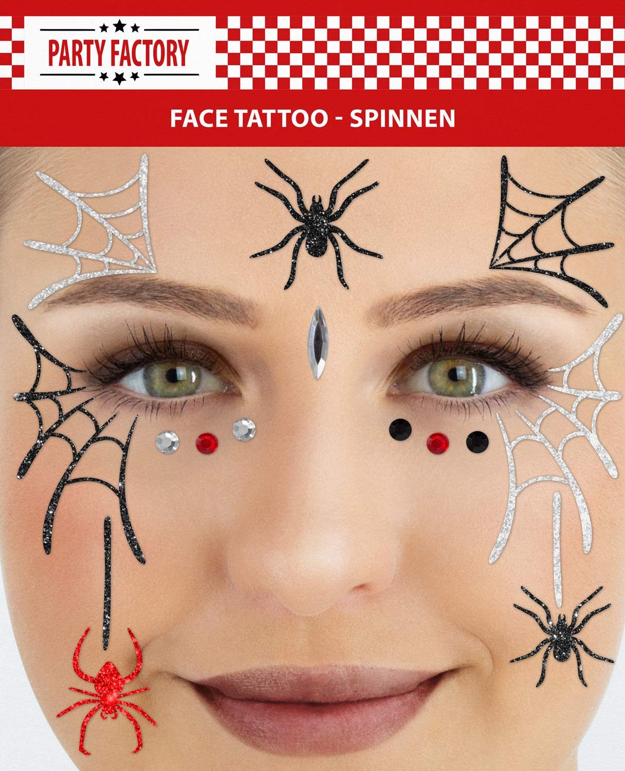 Party Factory Strass-Tattoo Gesichtstattoo Glitter Face Tattoo Glitzer Karneval Halloween Party, mit Glitzerelementen und Strass-Steinchen je nach Wahl