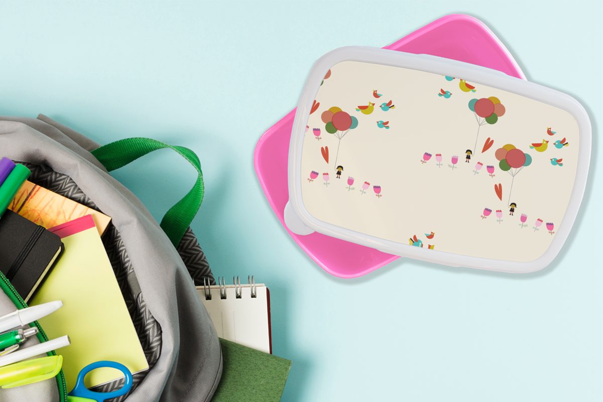 MuchoWow Lunchbox Mädchen - Kunststoff, Brotbox Muster Mädchen (2-tlg), Luftballons Erwachsene, - Kunststoff Mädchen, - Kinder, Blumen Kinder, - - Brotdose rosa für Kinder Snackbox, 