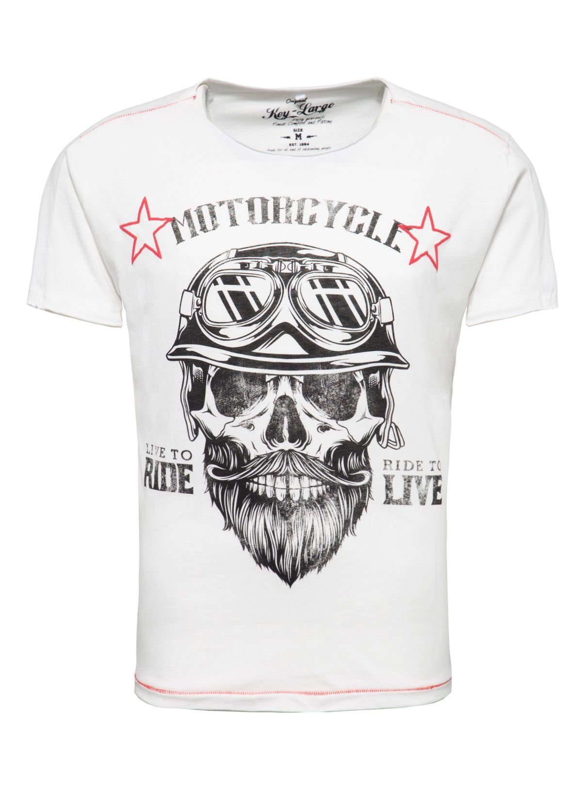 Key Largo T-Shirt für Herren Bearded Biker Skull Print Motiv vintage Look MT00203 Rundhalsauschnitt bedruckt kurzarm slim fit Weiß