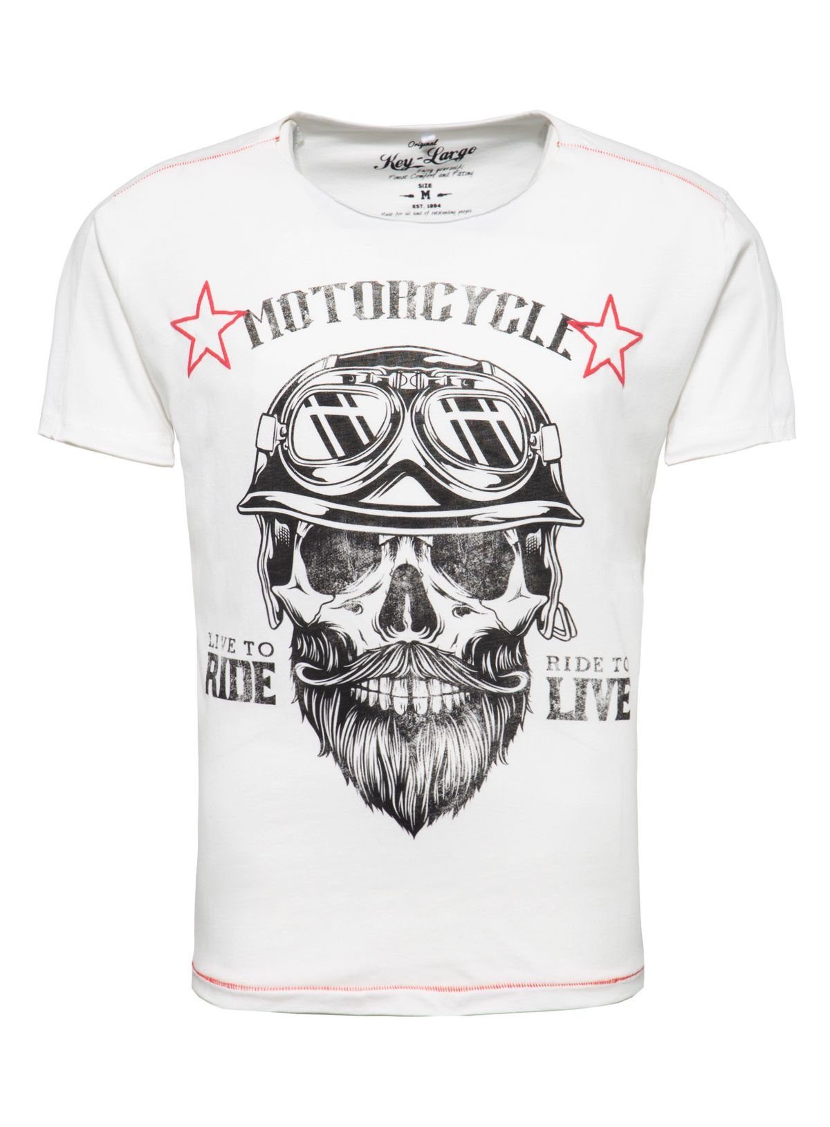 für slim Key Skull Look Bearded Herren Weiß fit Rundhalsauschnitt Biker Largo kurzarm Print Motiv bedruckt MT00203 vintage T-Shirt