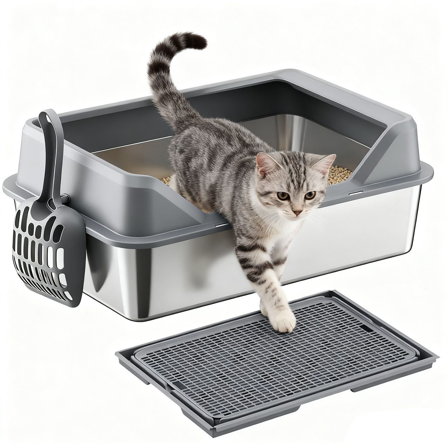 SURFOU Katzentoilette Edelstahl Katzentoilette Stainless Steel Litter Box 50 x 35 x 20cm, mit Katzenstreumatte Katzenstreu High-Sided Katzenklo Edelstahlklo